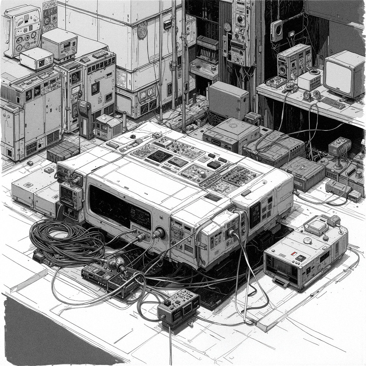 Black-and-white ink illustration of retro game consoles, monitors and tangled cables in a cyberpunk workshop