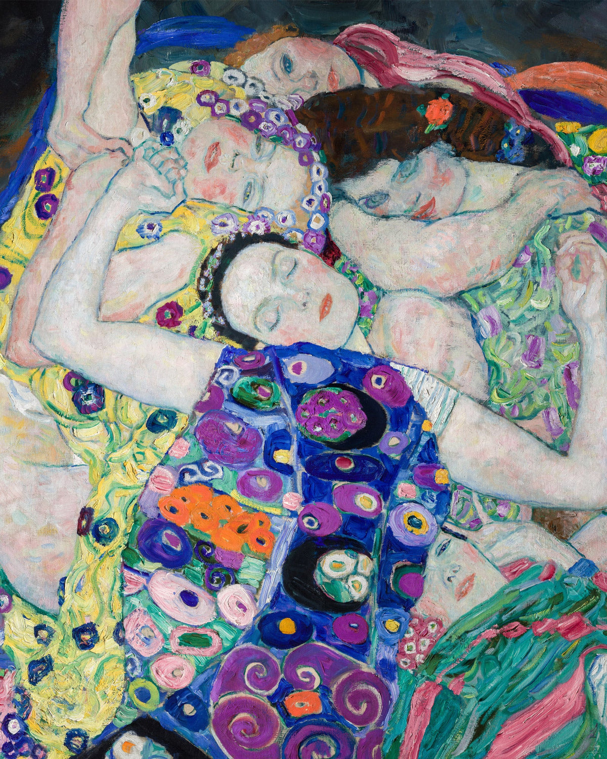Detail of Gustav Klimt's painting The Virgin: sleeping women entwined in a swirl of purple, blue and floral patterned fabrics