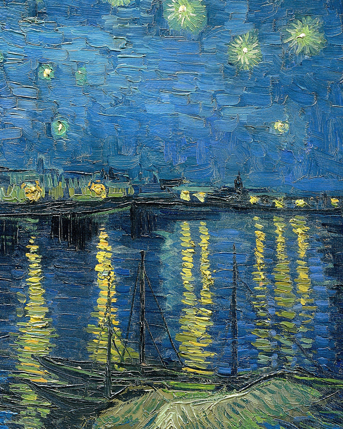 Detail of Starry Night Over the Rhône (1888) by Vincent van Gogh: the lights of Arles reflected in the river under a starry blue sky
