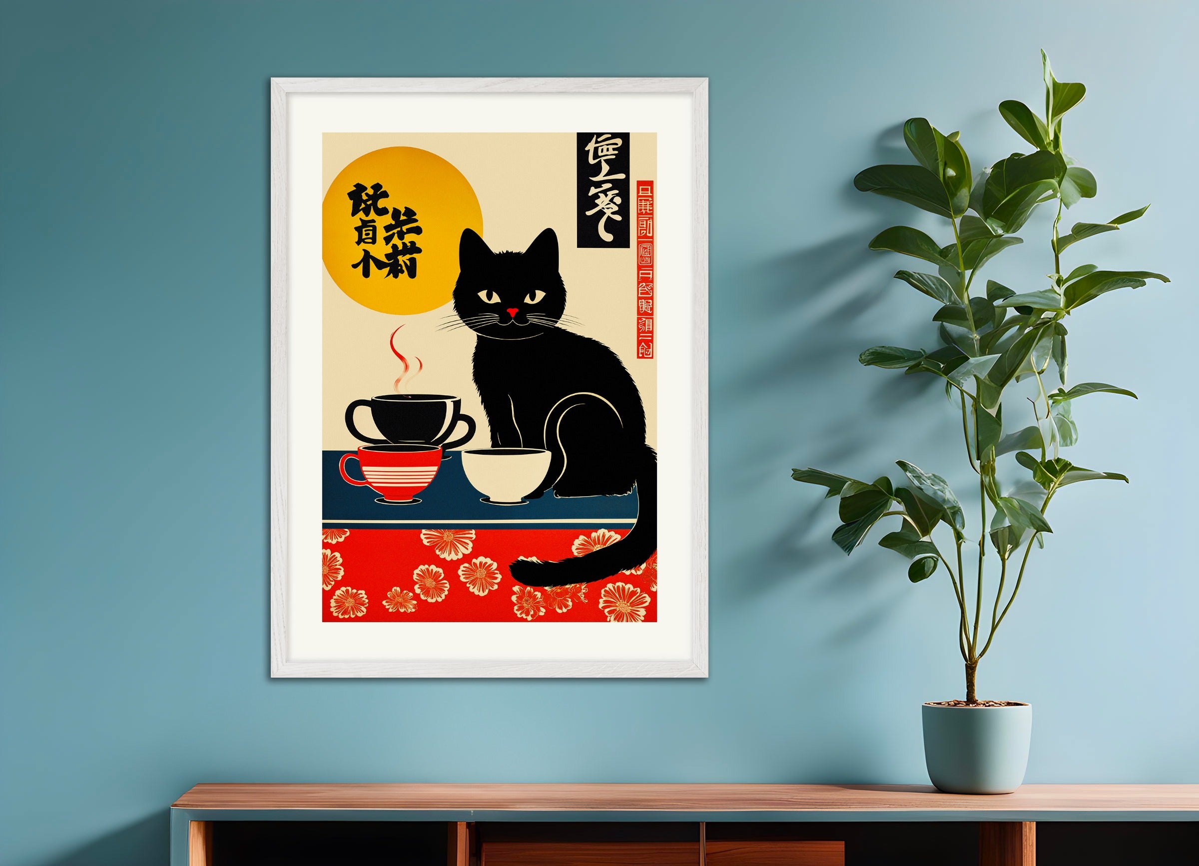 Poster with white wood frame: A black cat with coffee cups, vintage japanese style