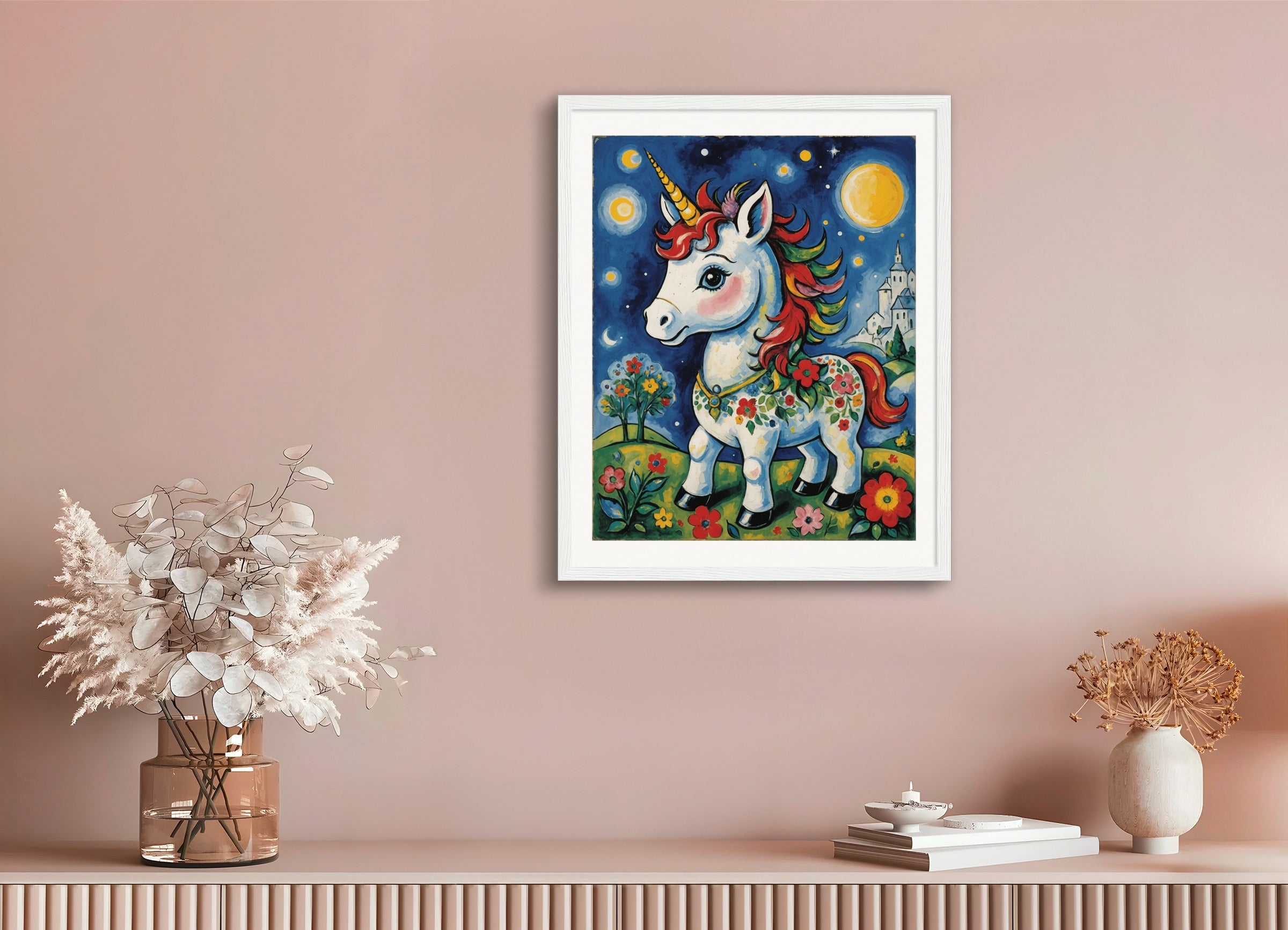 Poster with wood frame: Surrealism mixed with neo-primitivism, A baby cute unicorn