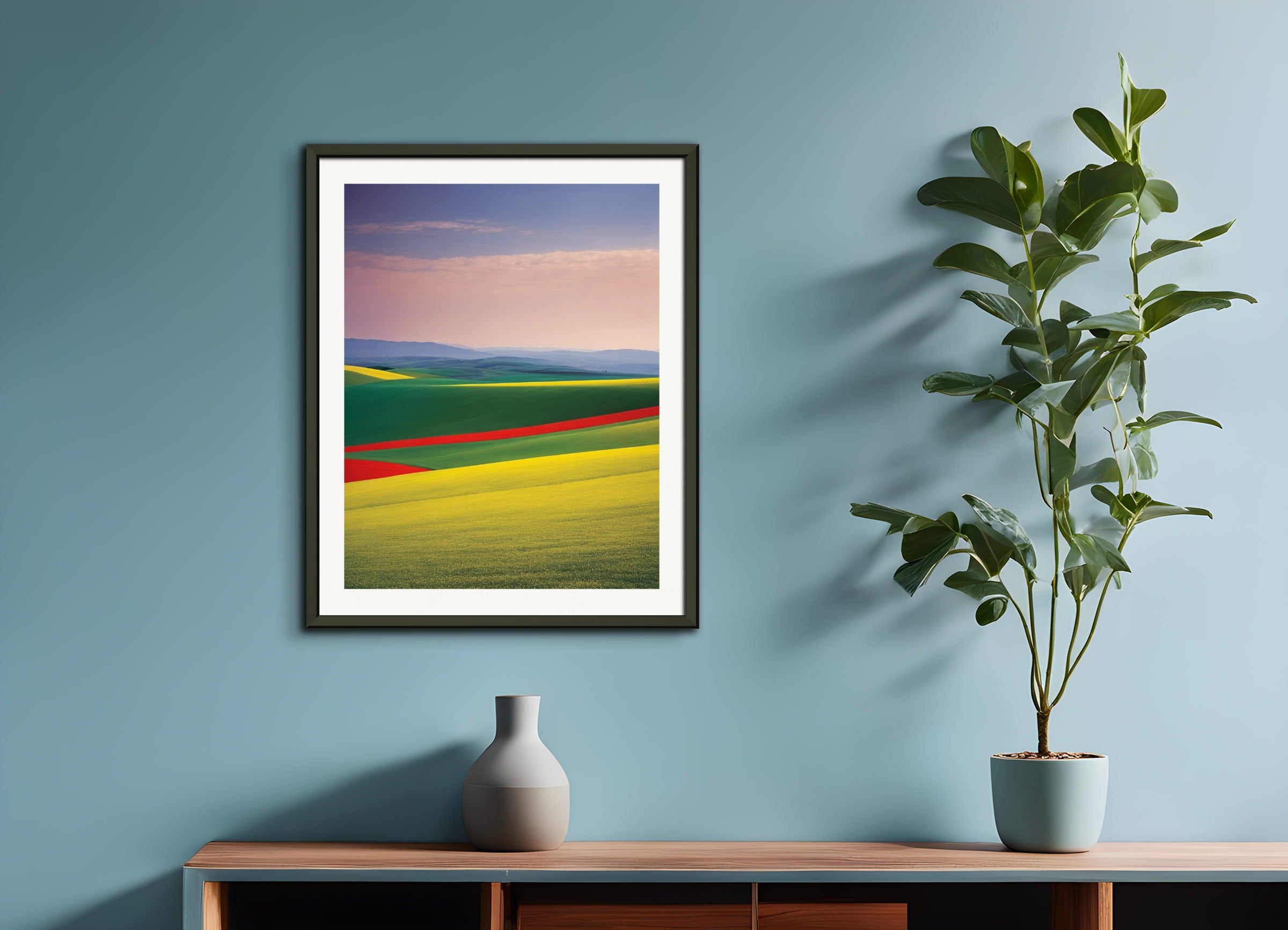 Poster with metal frame: Colorful and abstract images, capturing geometric compositions in landscapes,