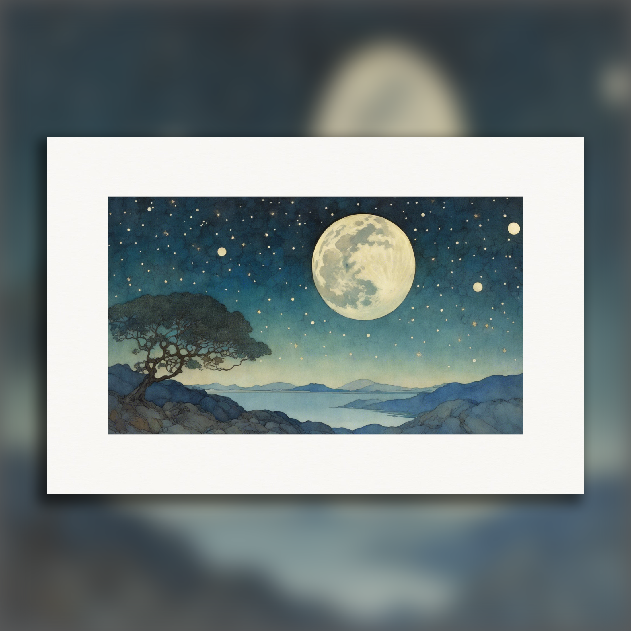 Enchanting illustration, Moon and starry sky - Poster