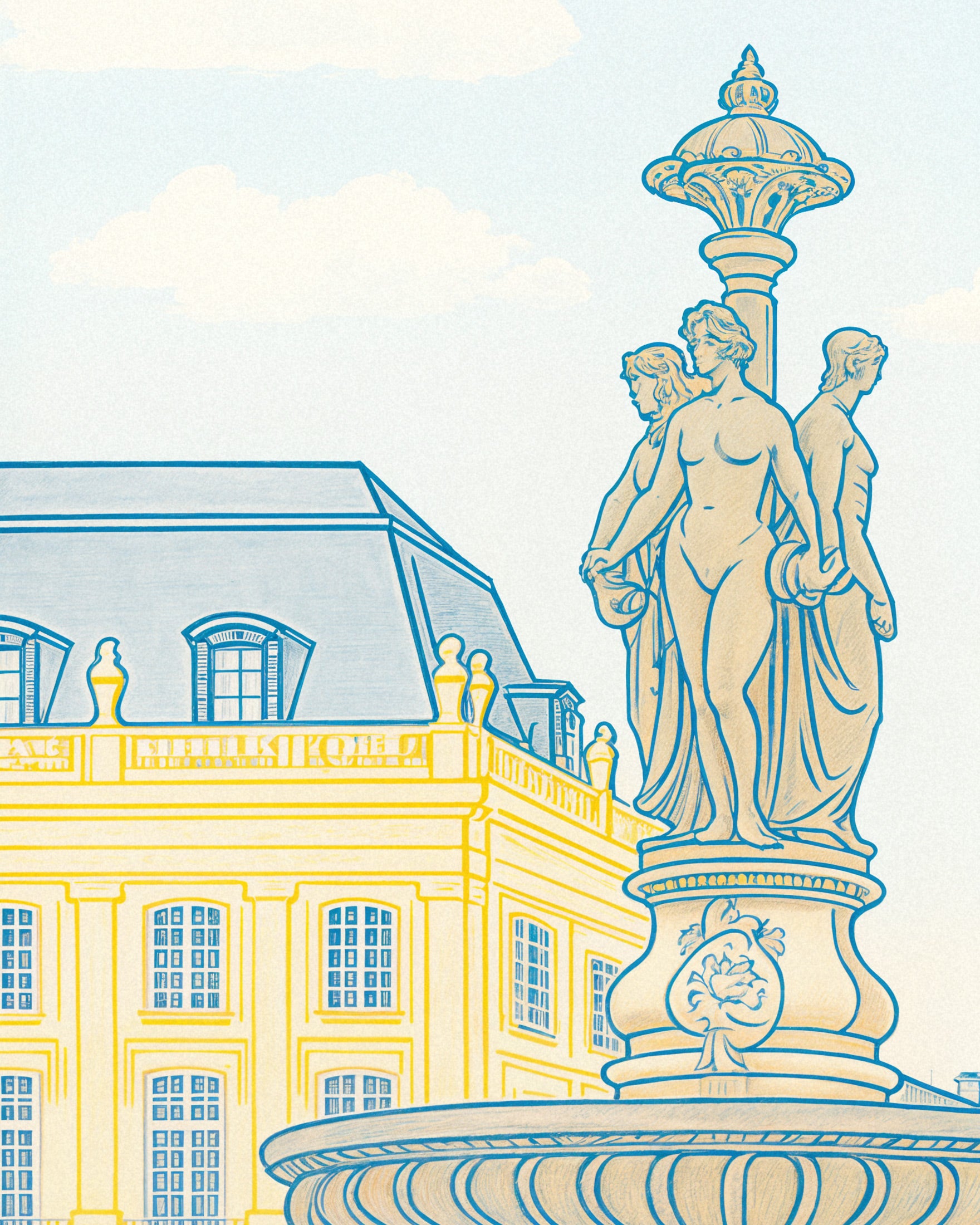 Bordeaux Plakat – Place de la Bourse & Fontene Kunsttrykk i myke pasteller