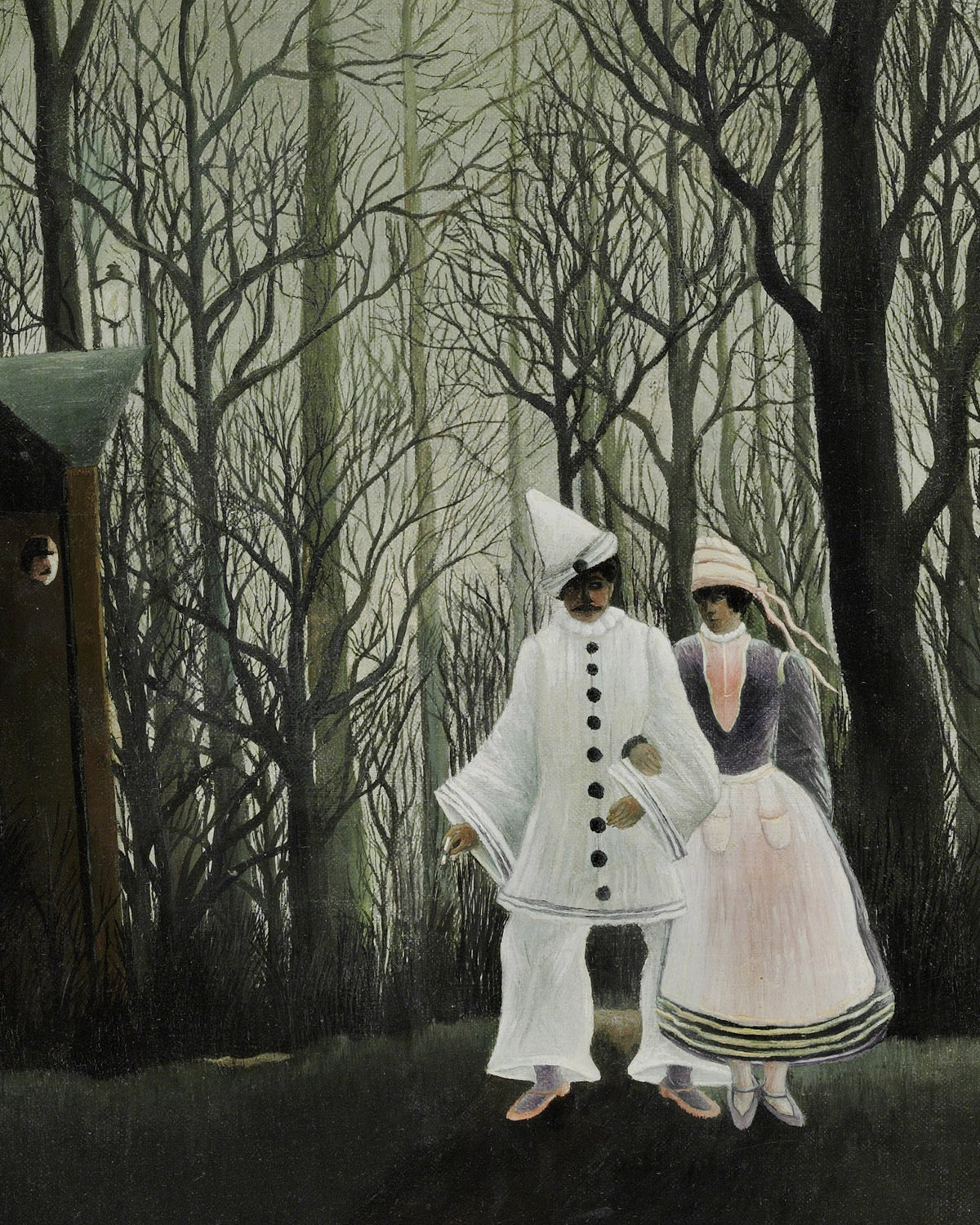 Et surrealistisk maleri av to personer i en mørk, løvfri skog. Den ene har på seg et hvitt antrekk med knapper foran og en spiss, hvit hatt, den andre har på seg en lyserosa og grå kjole.