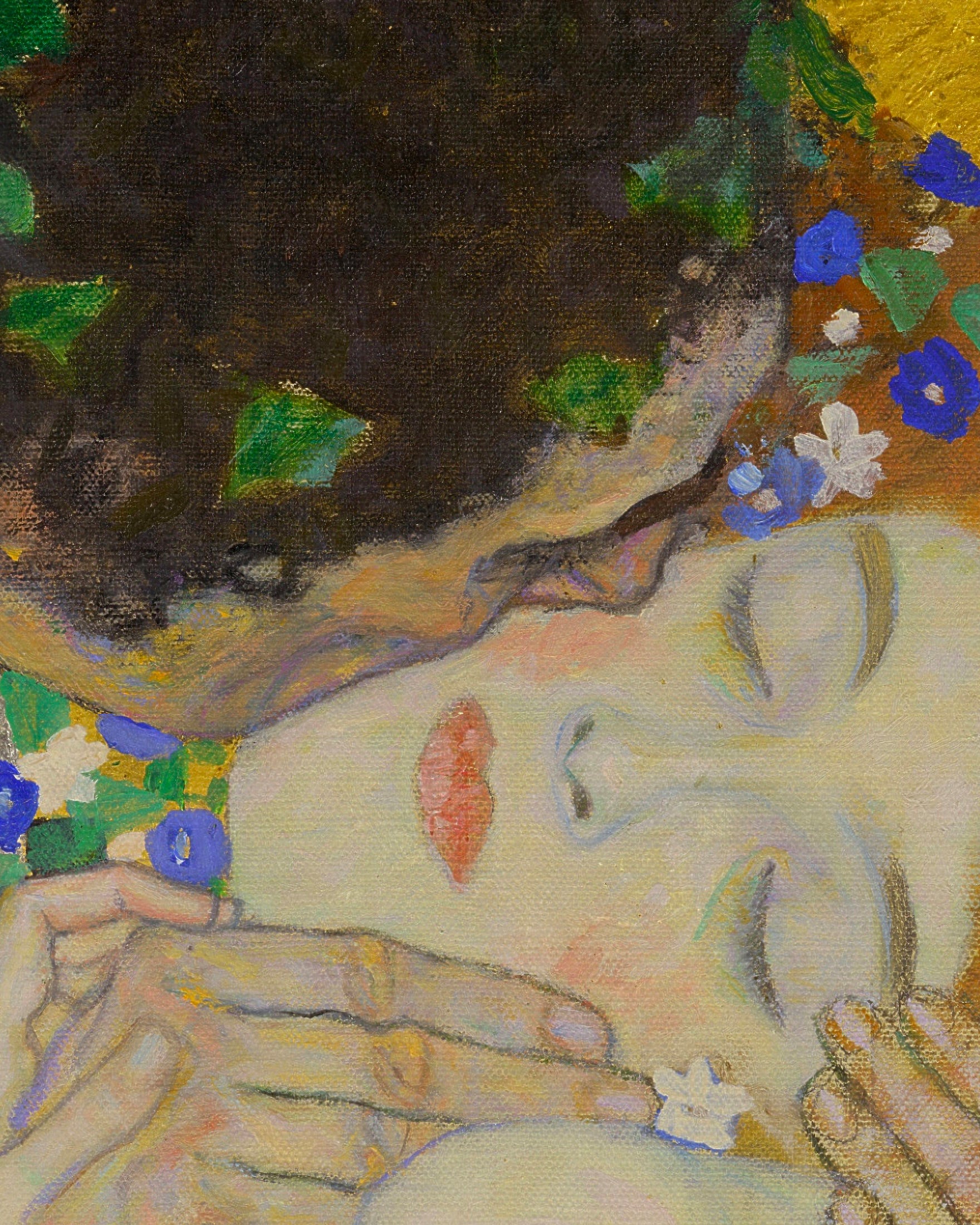 Artistic depiction of a face with flowers in hair and hands, by Gustav Klimt