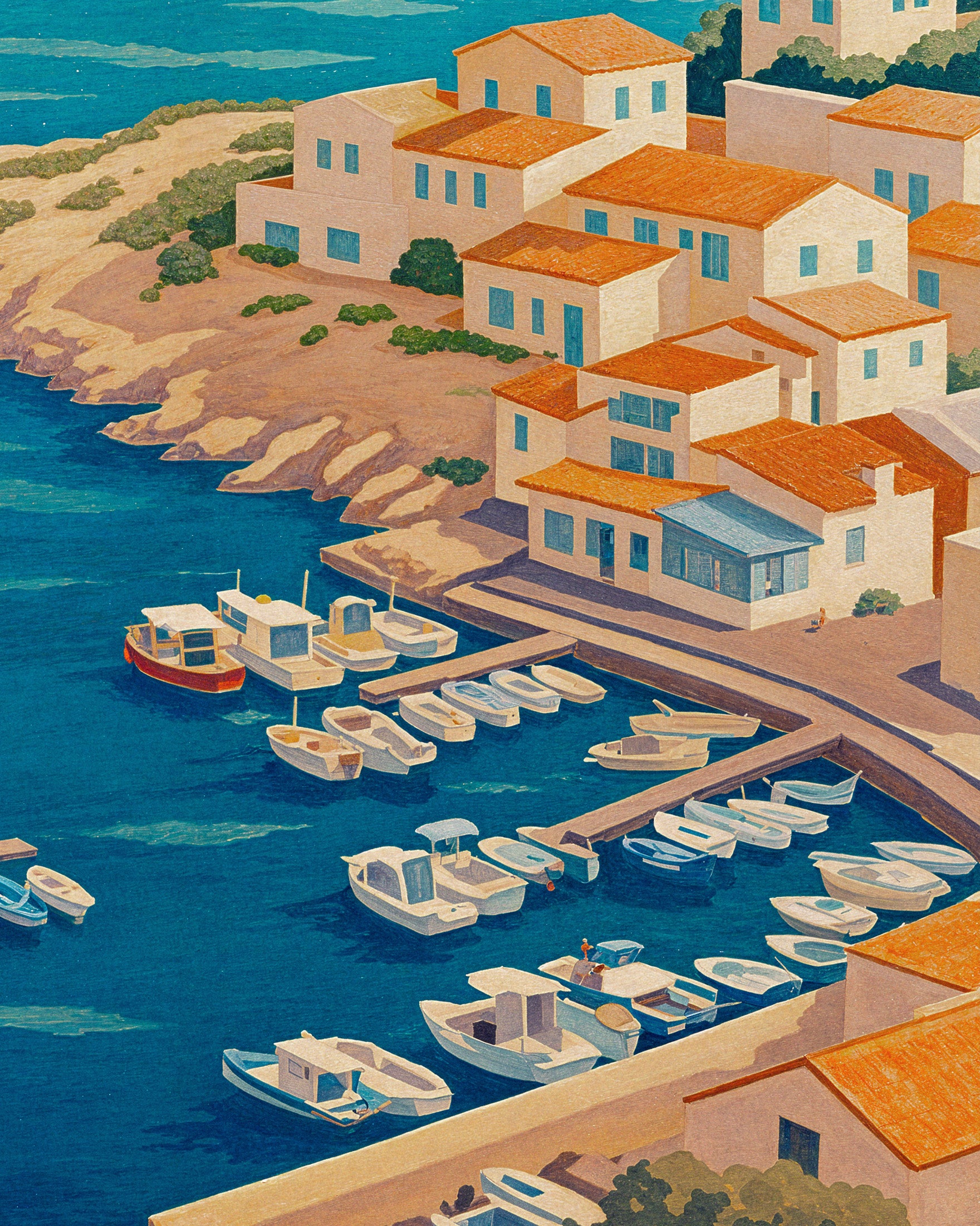 Illustration of a coastal town with houses and boats in a harbor.
