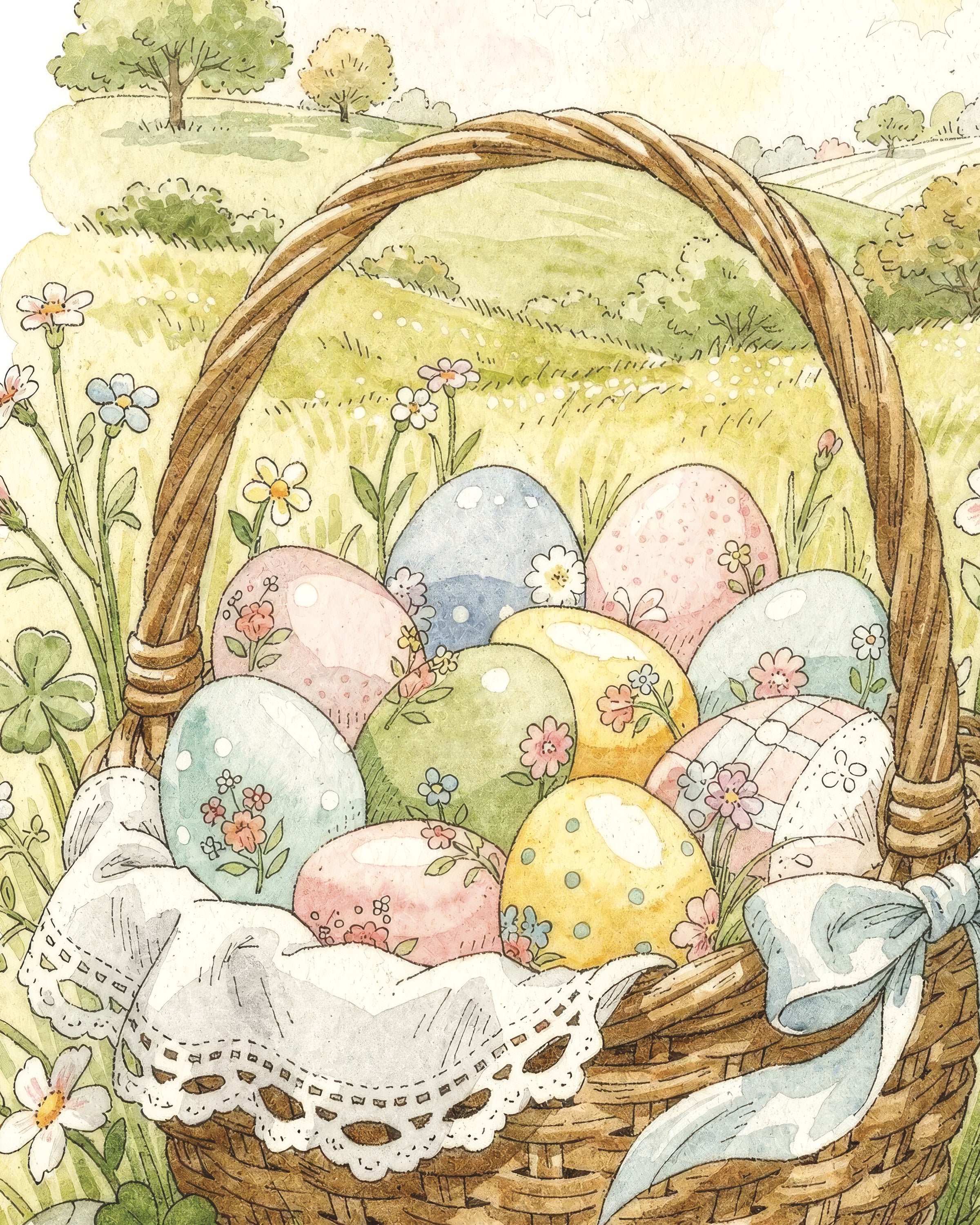 Easter Basket Meadow - Pastel Watercolor Poster