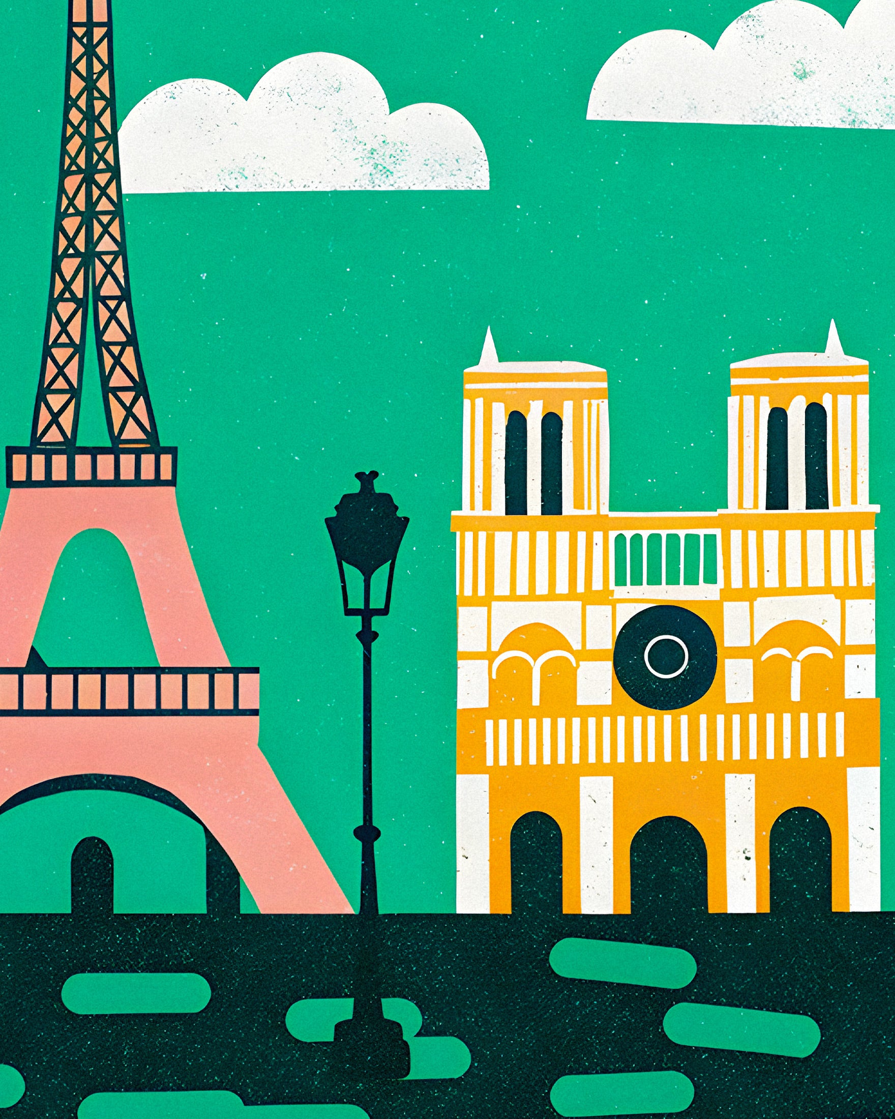 Grafisk moderne illustrasjon av Eiffeltårnet og Notre-Dame - Paris plakat