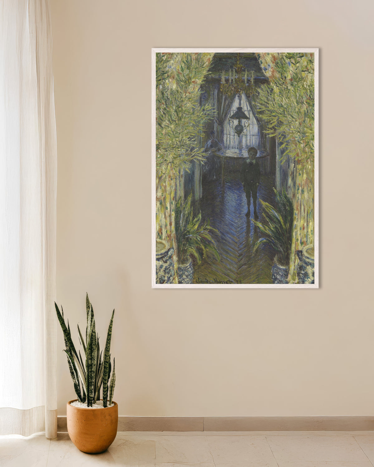 Poster of A Corner of the Apartment (1875) by Claude Monet, with white wooden frame