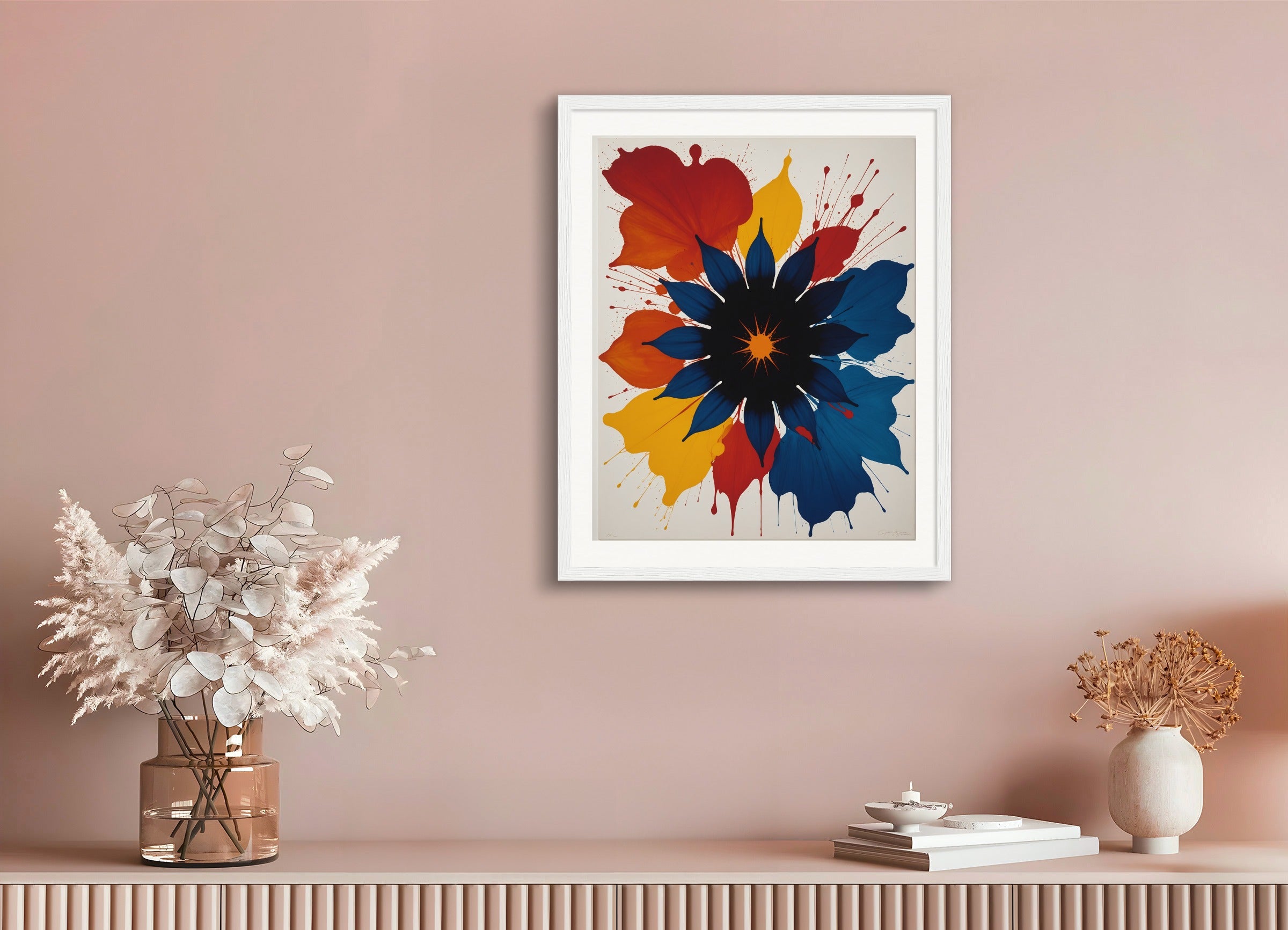 Poster with wood frame: Style centered on light and repetitive structures that explore the phenomena of perception and movement dynamics,