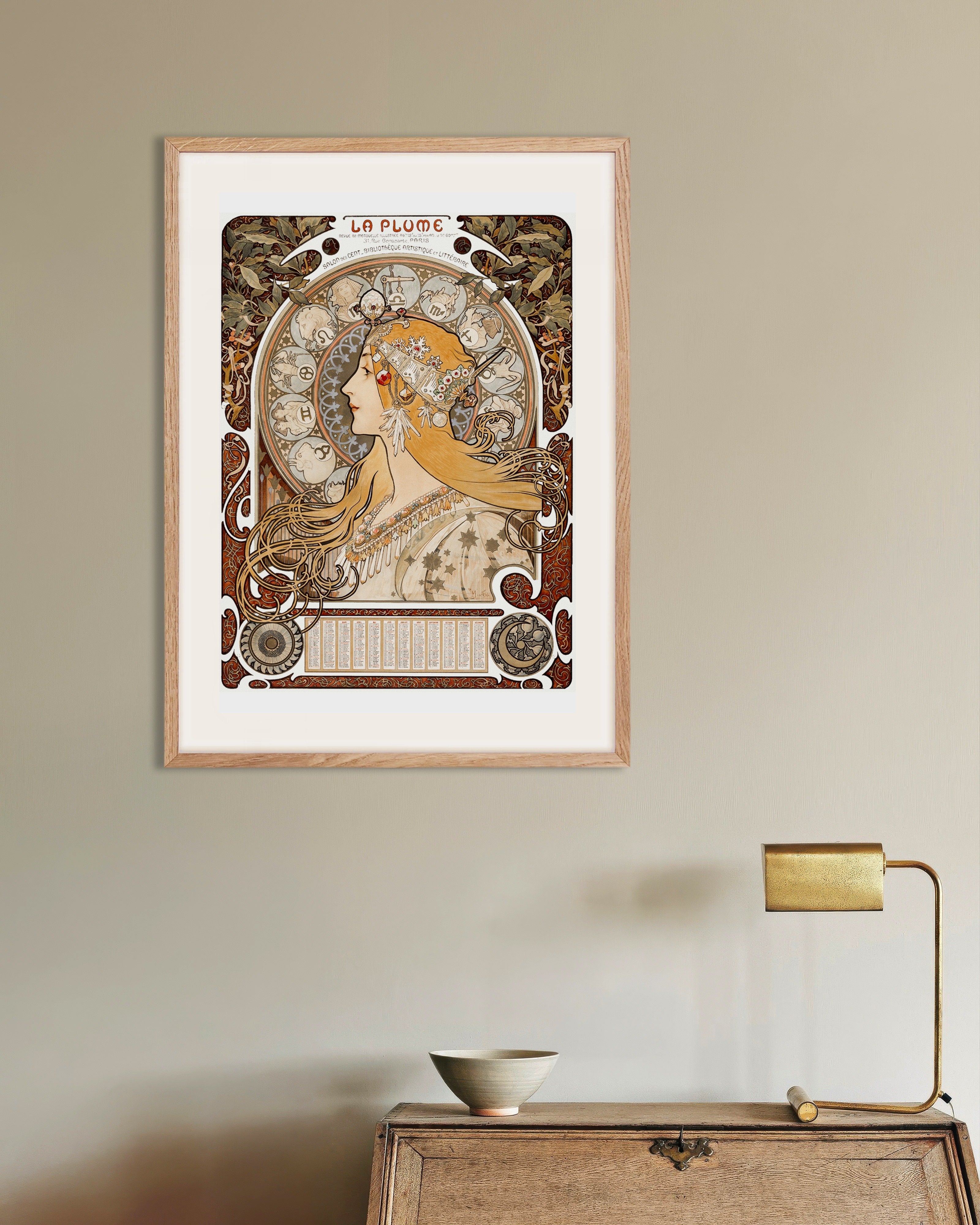 Poster of Alfons Mucha, Zodiaque or La Plume (ca. 1896–1897) - Print, with natural wooden frame