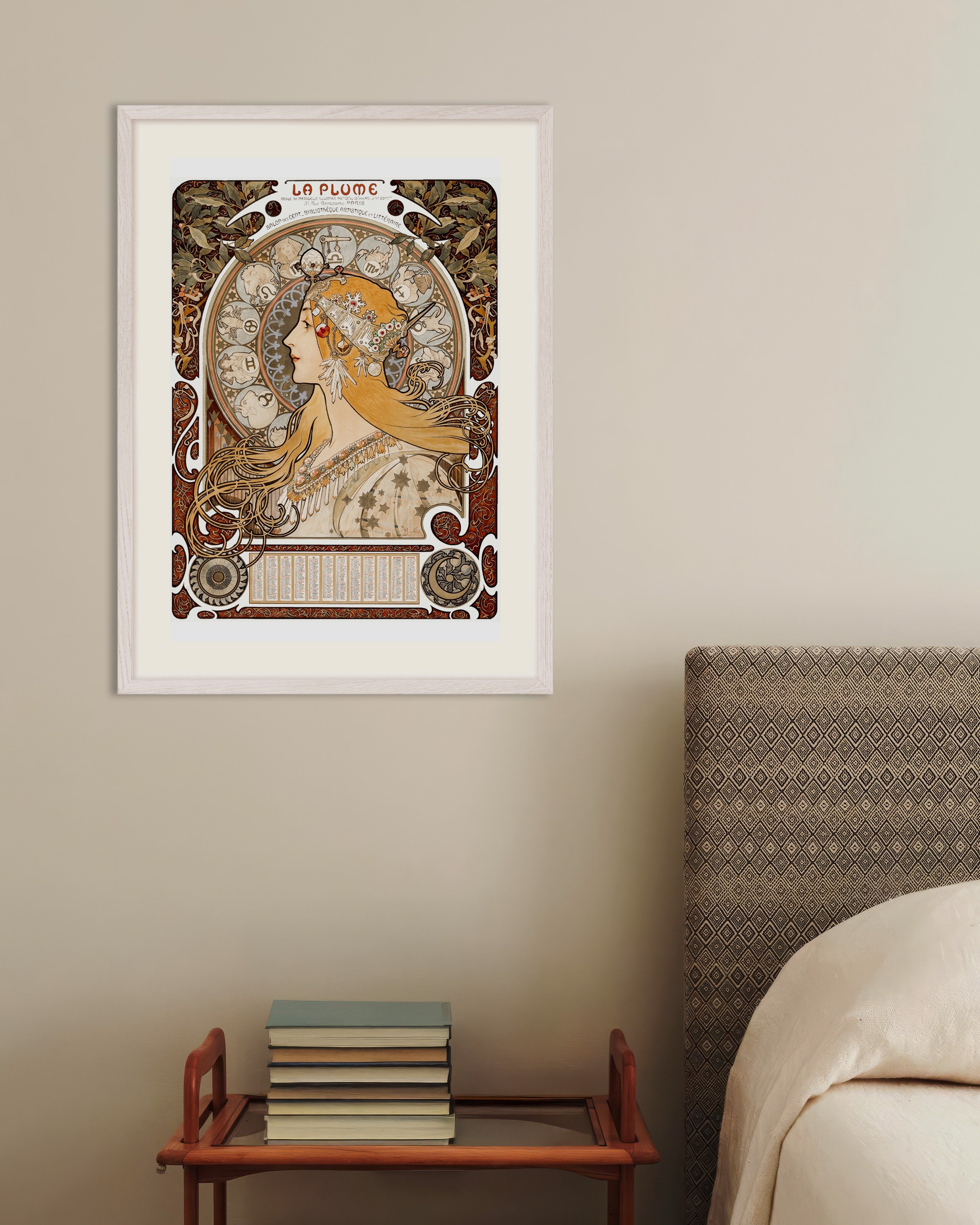 Poster of Alfons Mucha, Zodiaque or La Plume (ca. 1896–1897) - Print, with white wooden frame