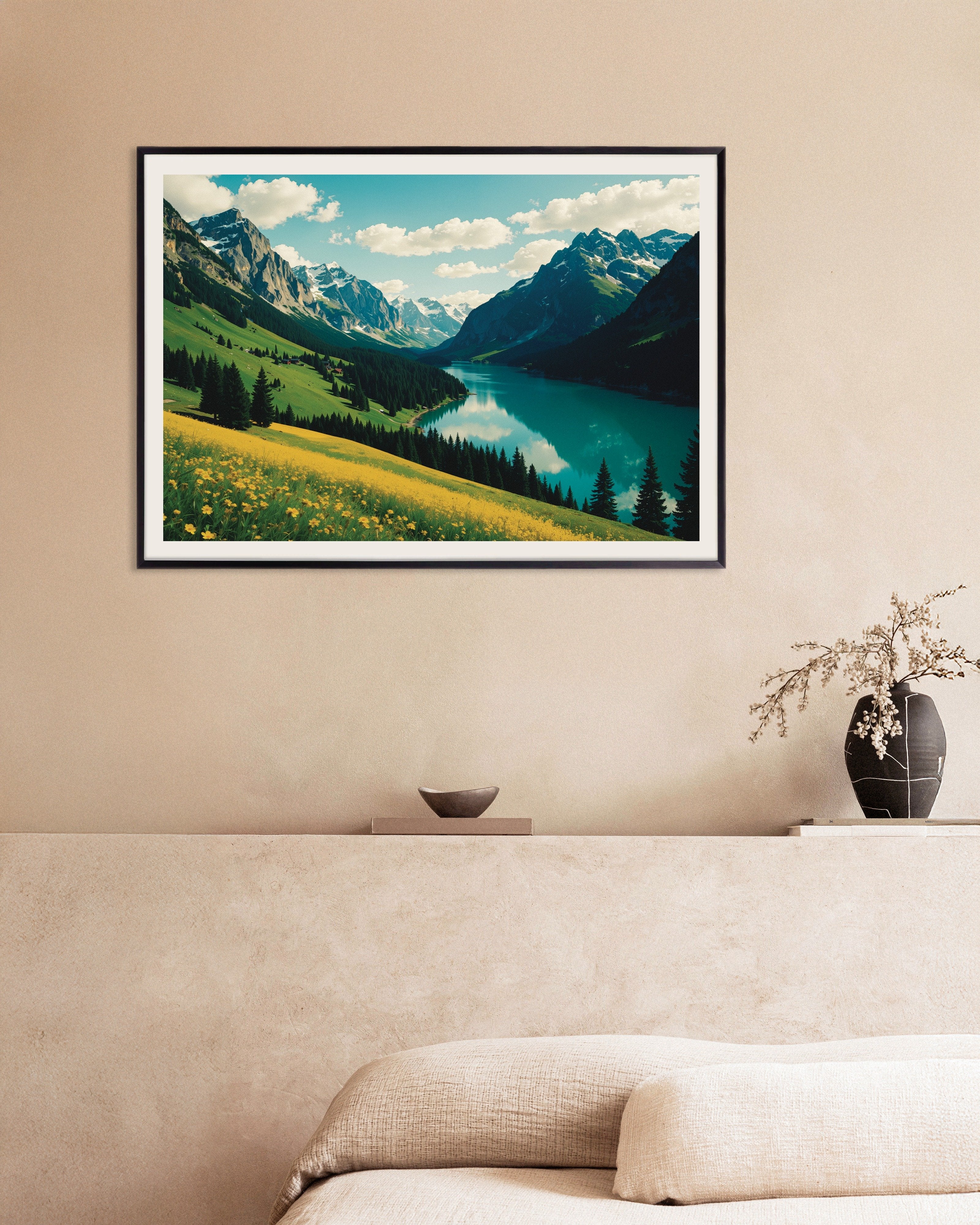 Poster of Alpine valley lake view, with metal frame