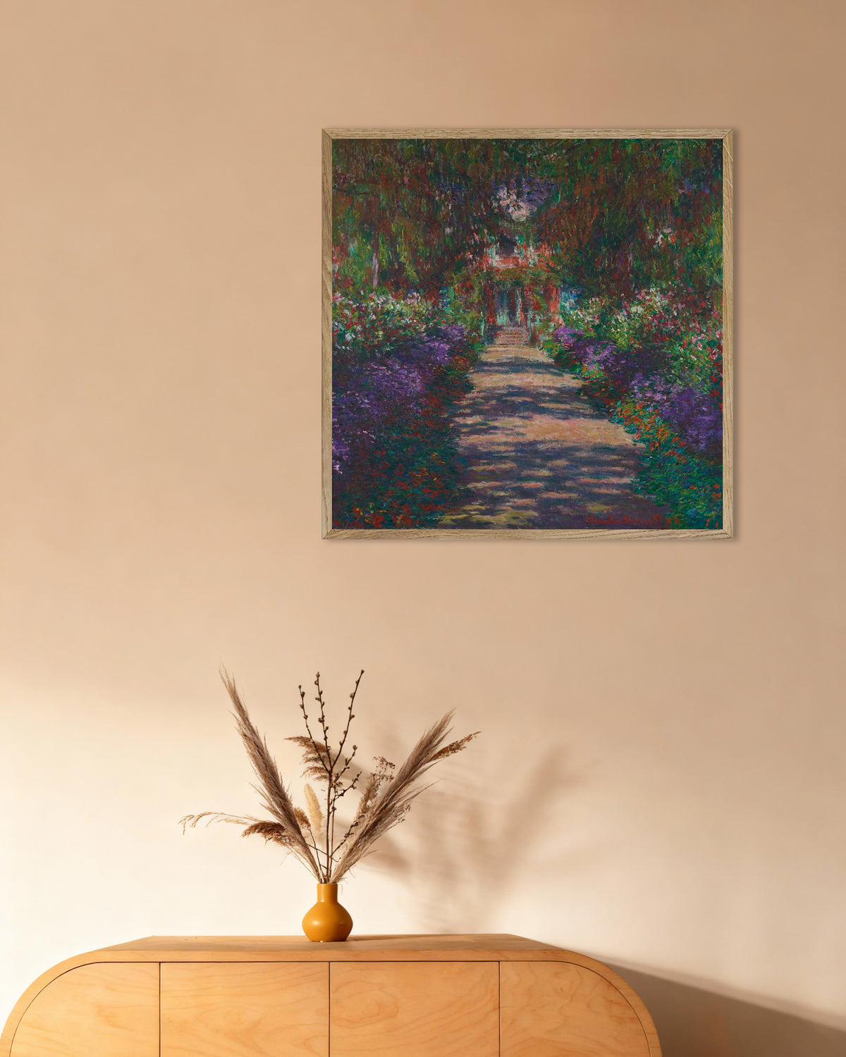 Poster of An Avenue in Monet's Garden at Giverny (1902) by Claude Monet, with natural wooden frame