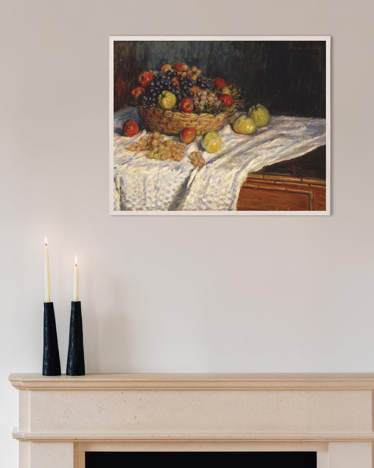 Plakat Epler og druer (1879–1880) av Claude Monet med hvit treramme
