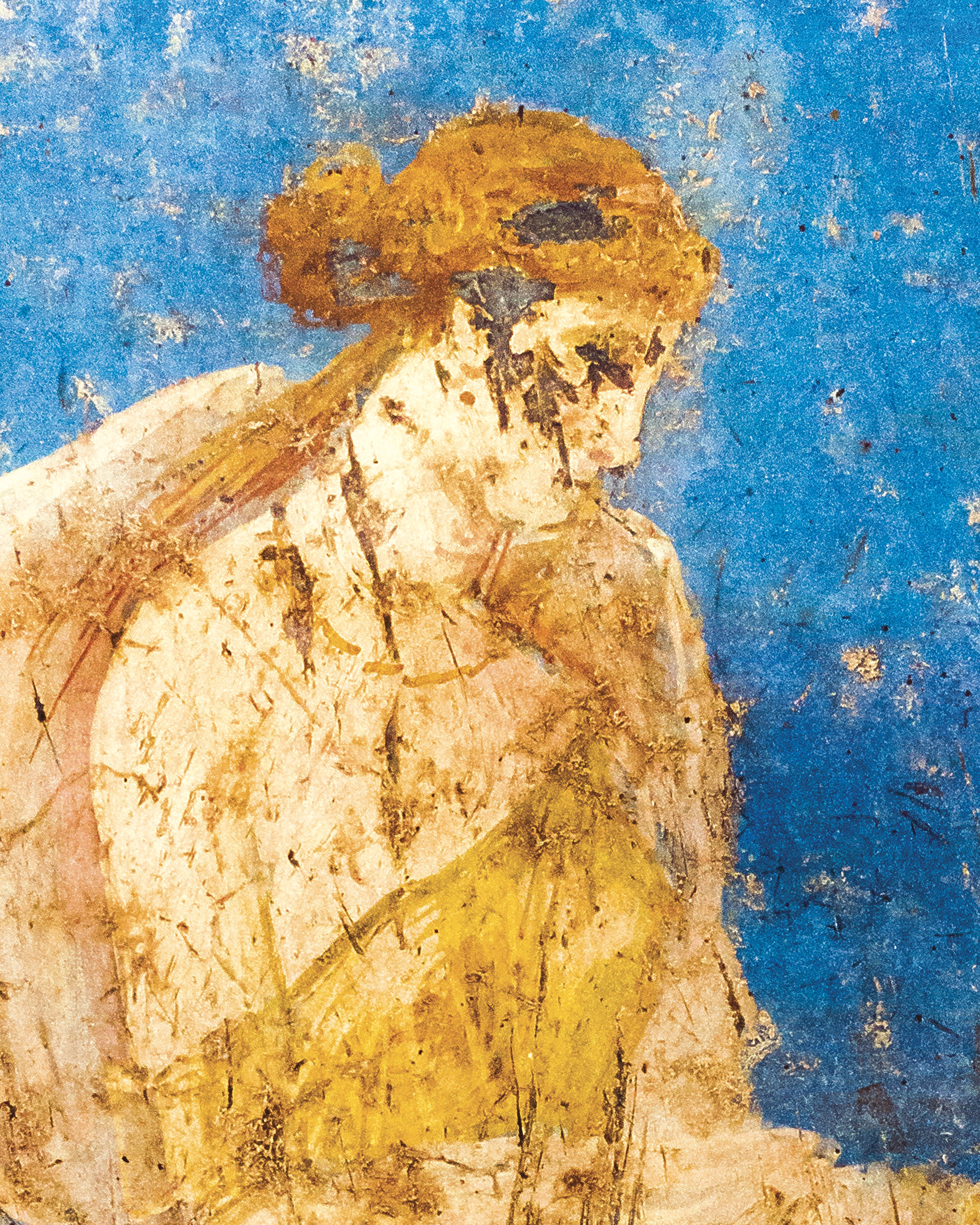 Fresco of a classical figure with a blue background