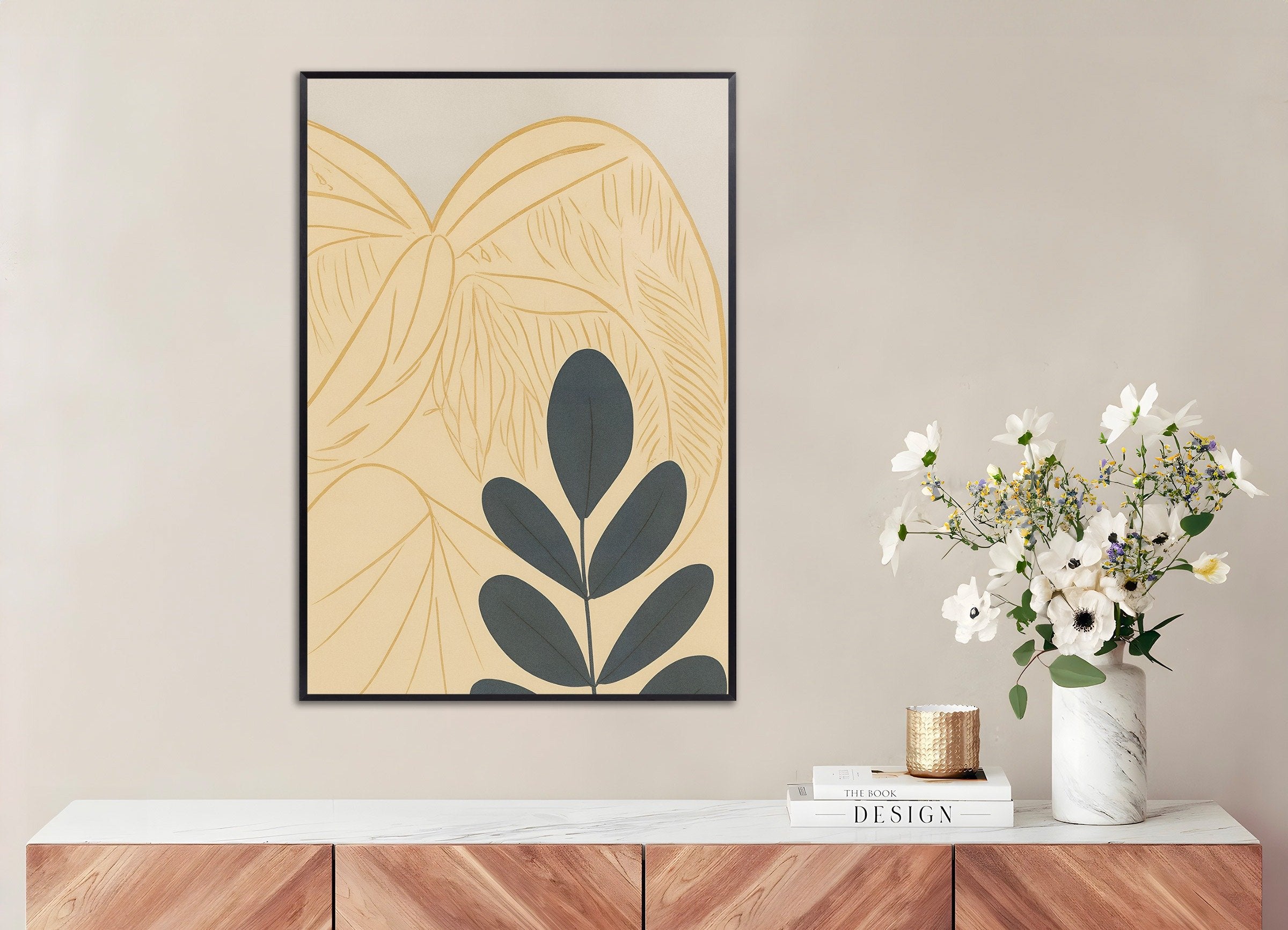 Poster of Autumn Botanical Poster – Graphic Leaves on Beige, with metal frame