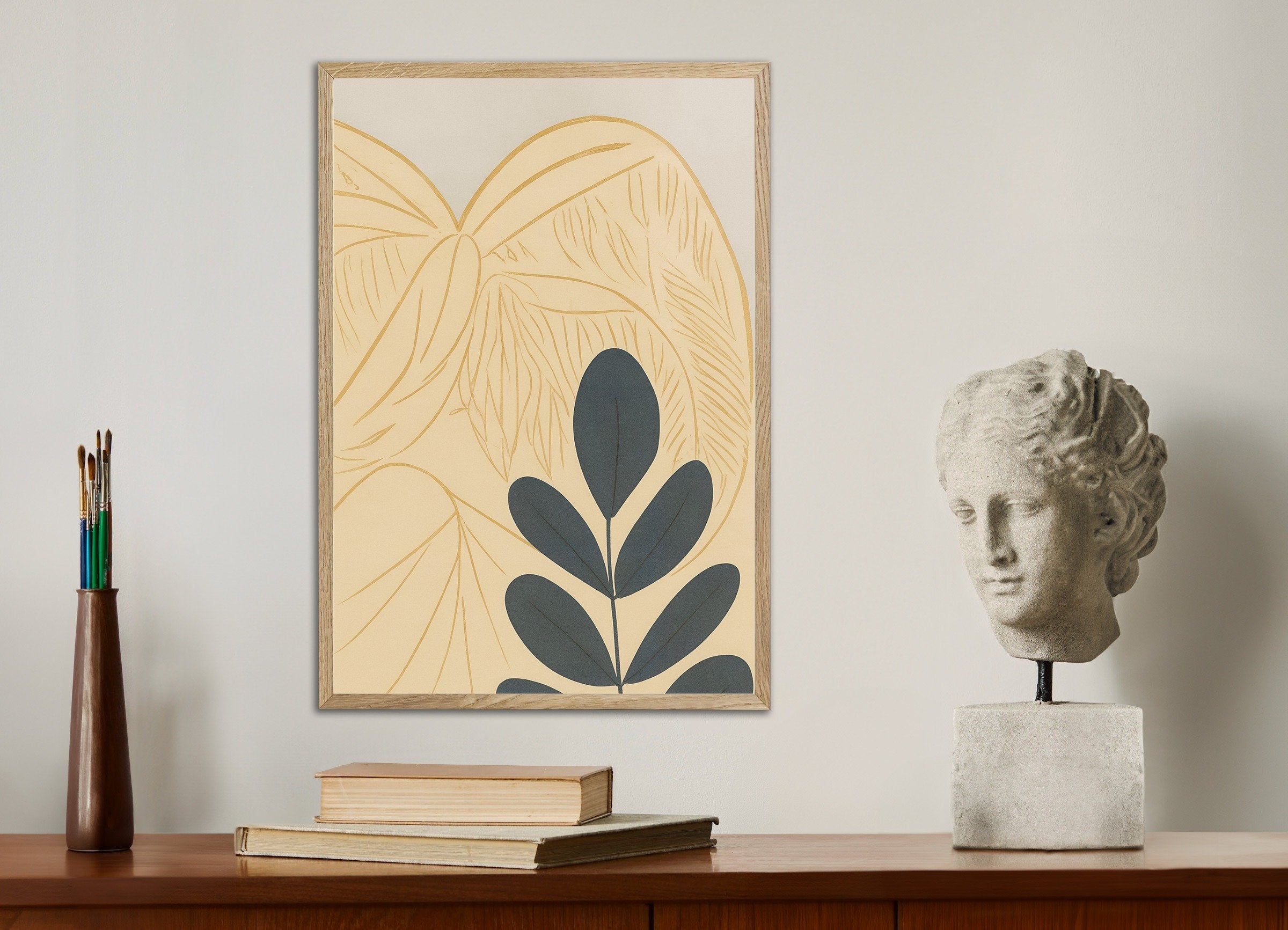 Poster of Autumn Botanical Poster – Graphic Leaves on Beige, with natural wooden frame