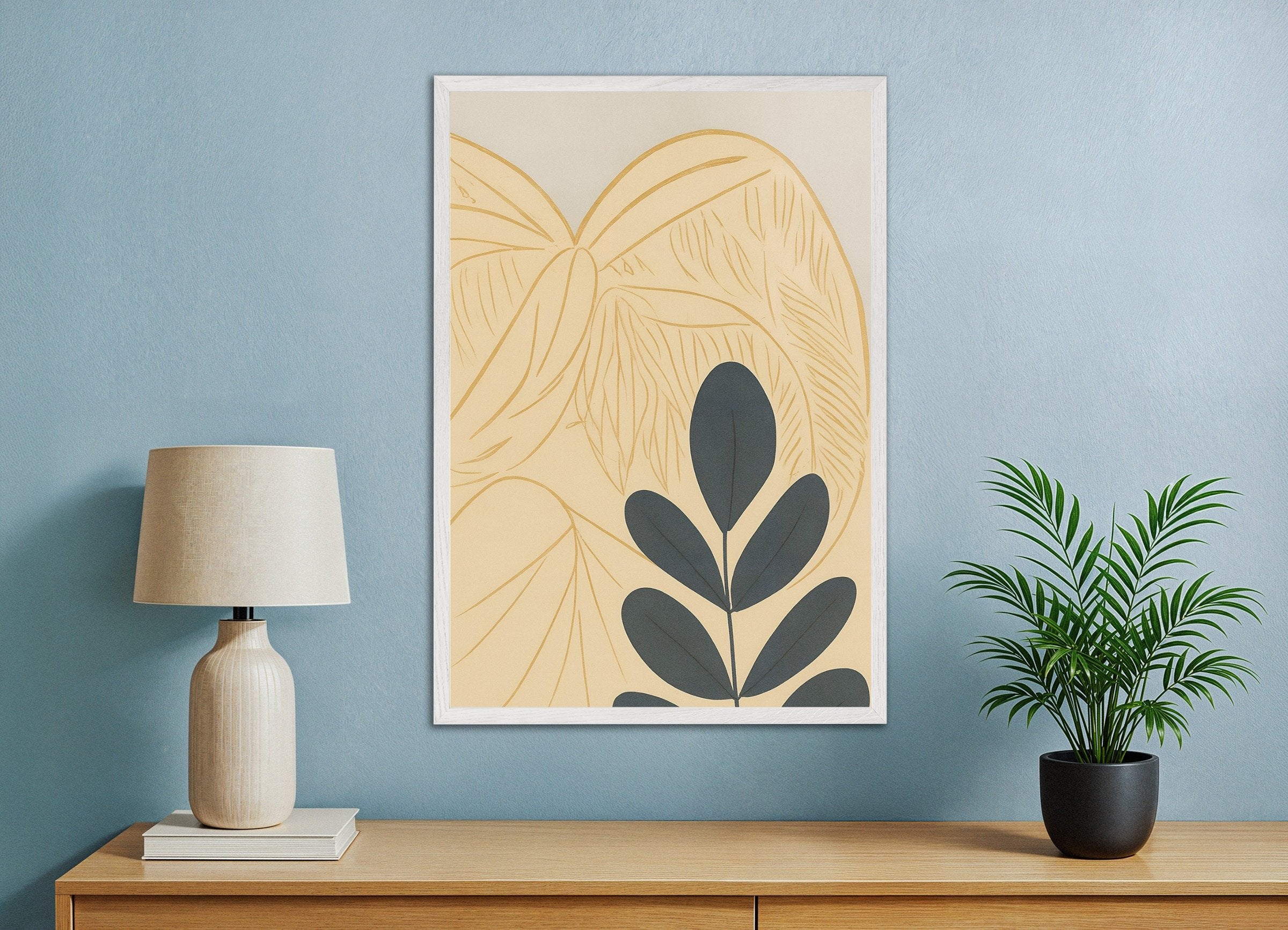 Poster of Autumn Botanical Poster – Graphic Leaves on Beige, with white wooden frame