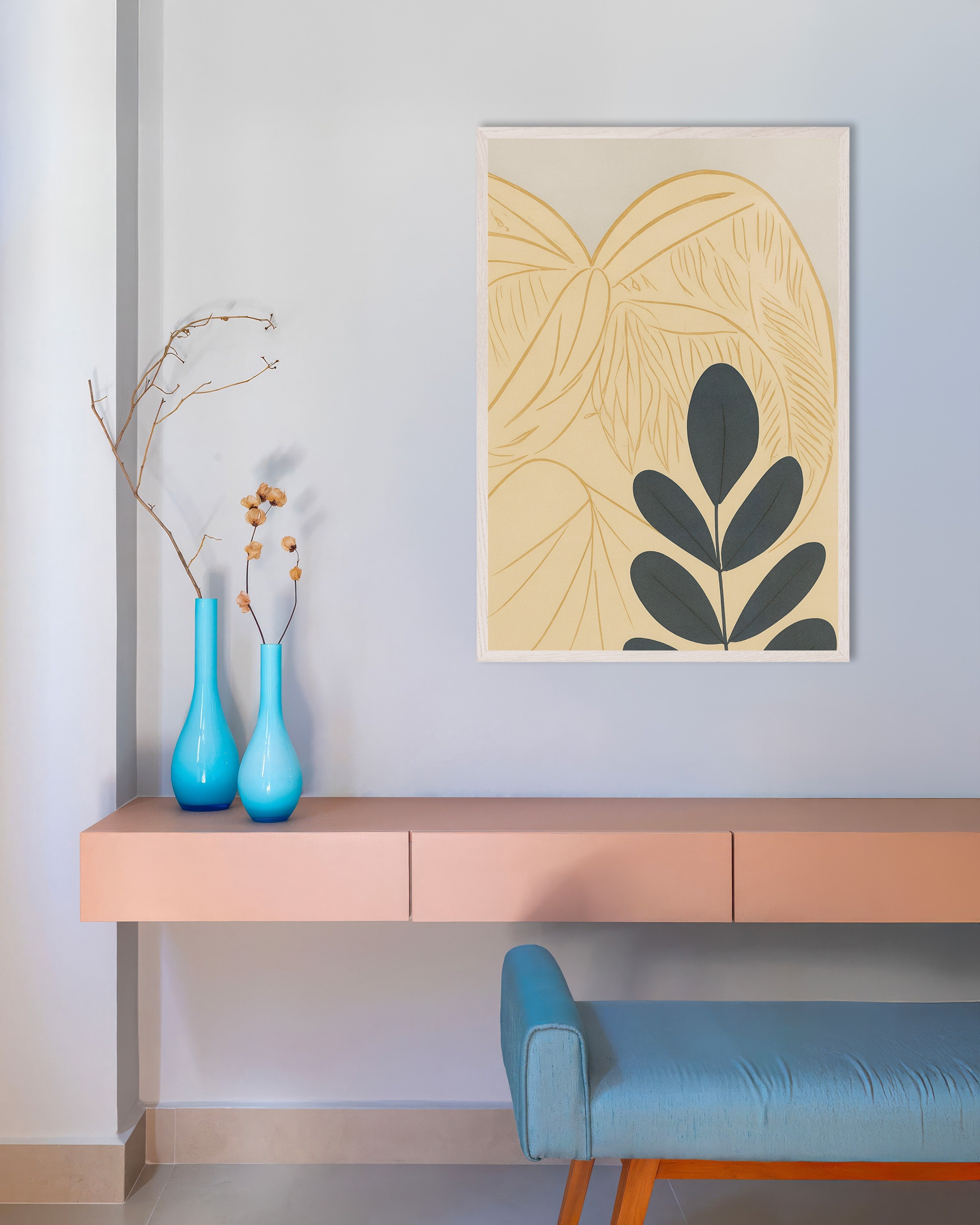 Poster of Autumn Botanical Poster – Graphic Leaves on Beige, with white wooden frame