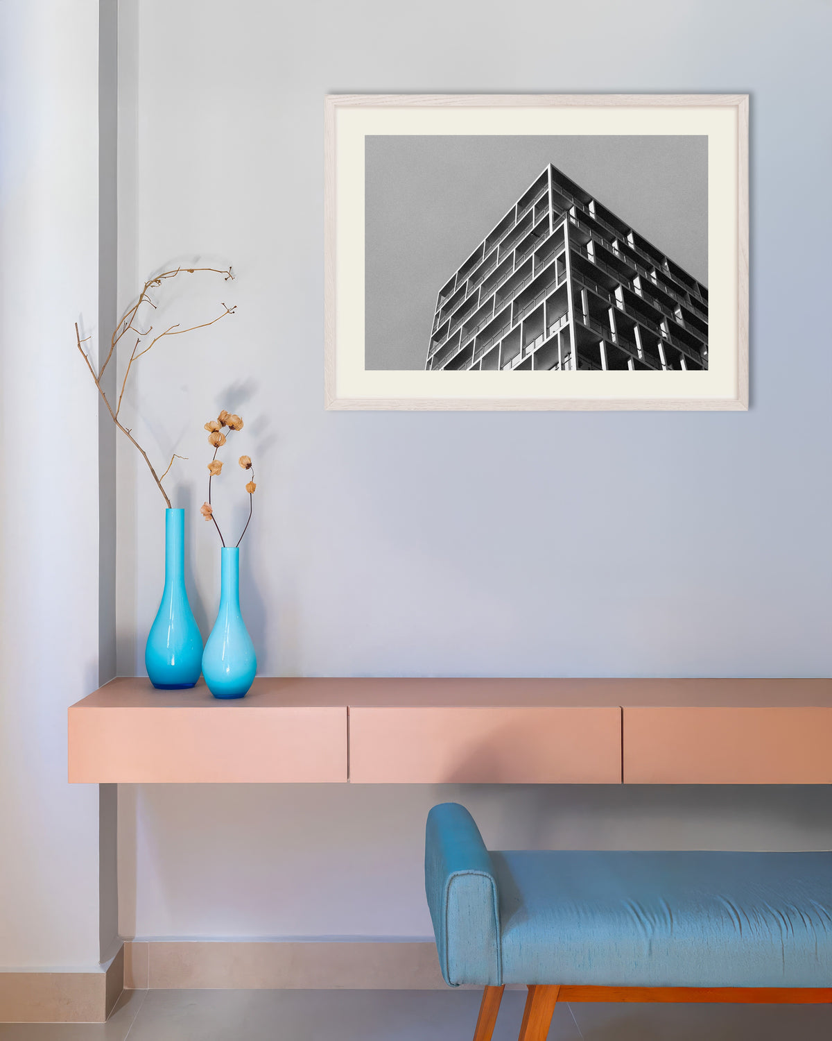 Poster of Balcony Corner in Gray Sky, with white wooden frame