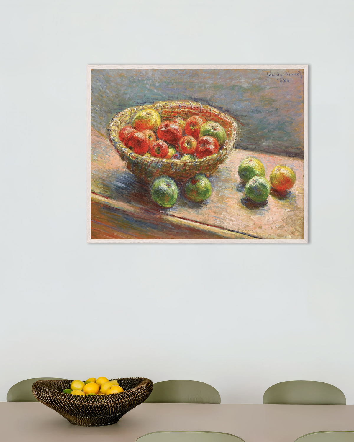 Plakat Kurven med epler (1880) av Claude Monet med hvit treramme