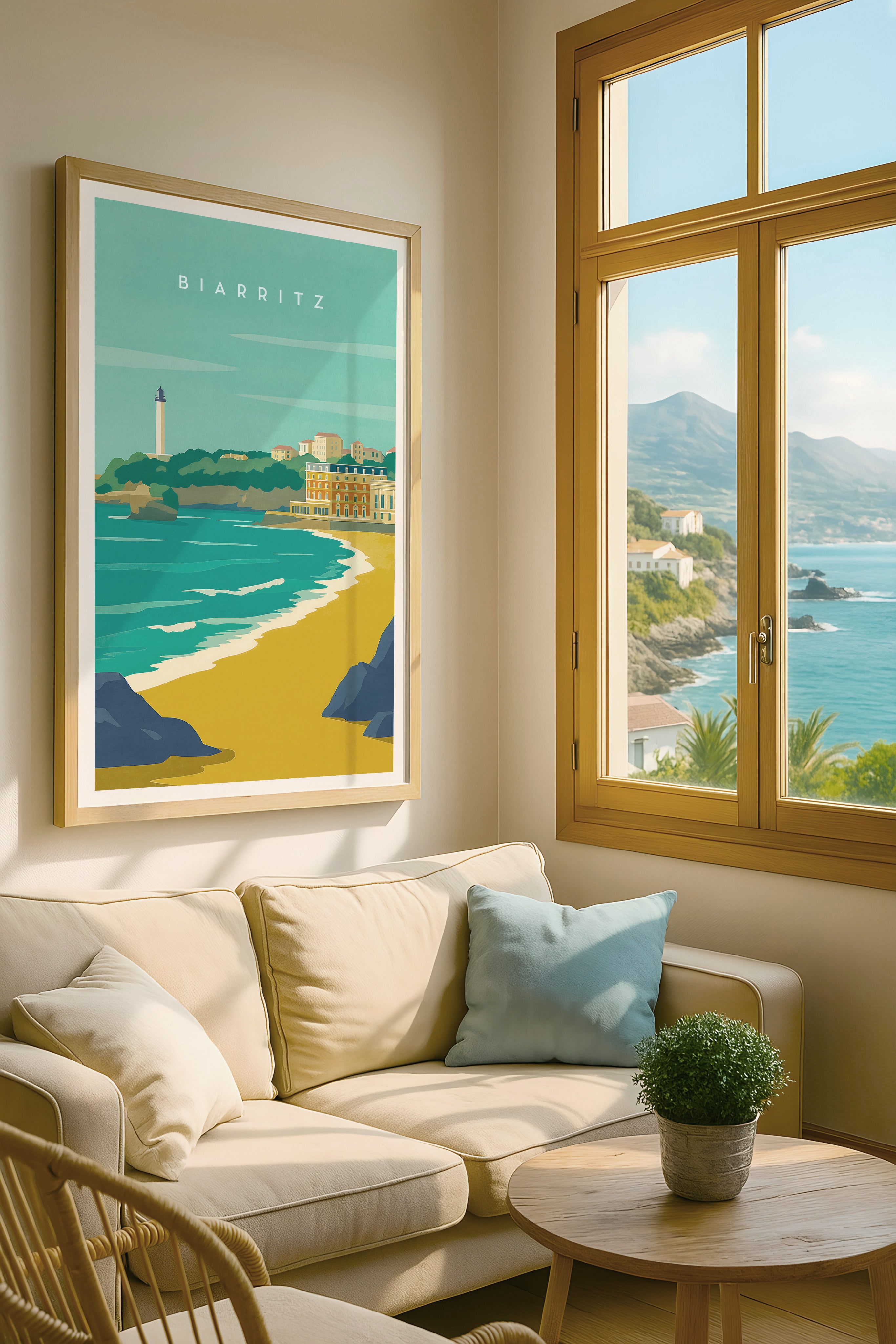 A framed travel poster of Biarritz featuring a coastal beach scene in teal, yellow, and blue, displayed on a beige wall above a cream-colored sofa in a sunlit room.