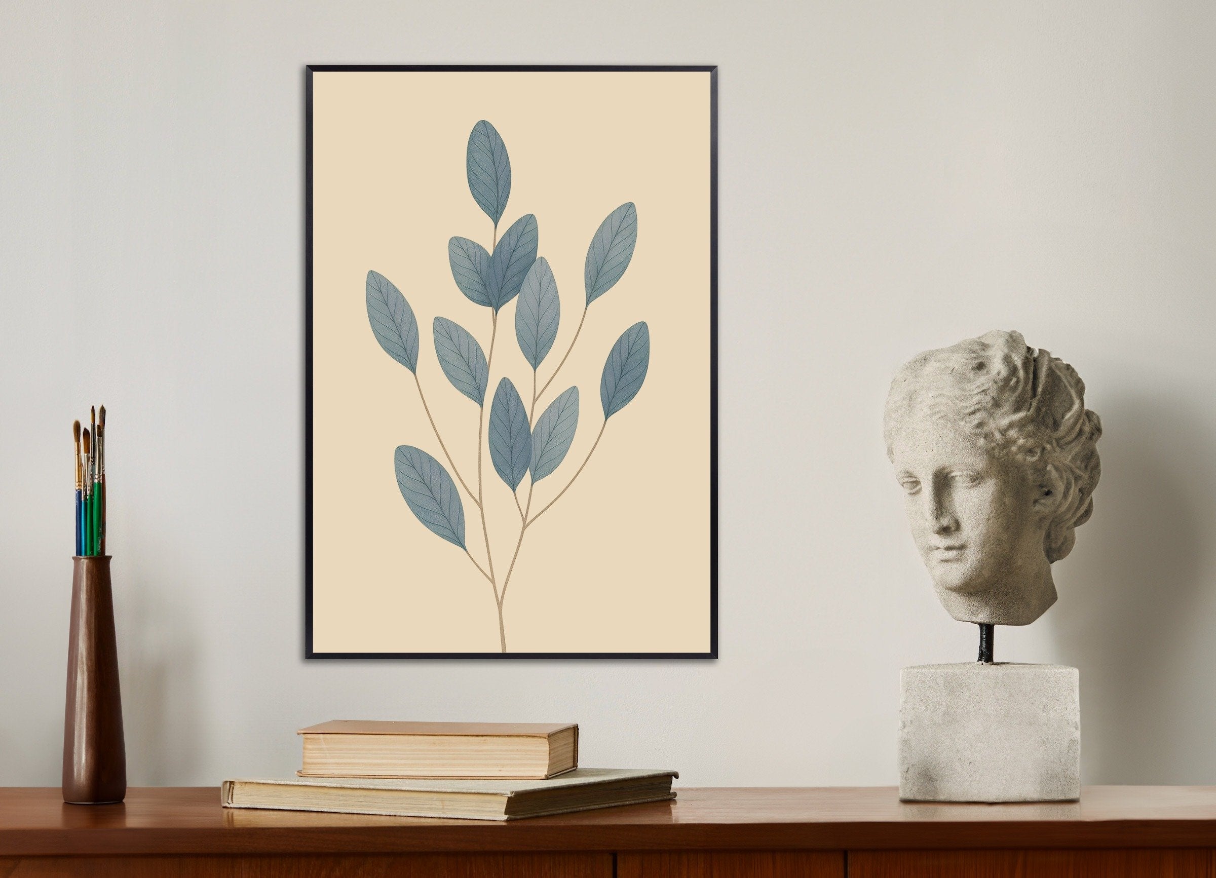 Poster of Blue Leaves Poster – Minimal Botanical Art, with metal frame