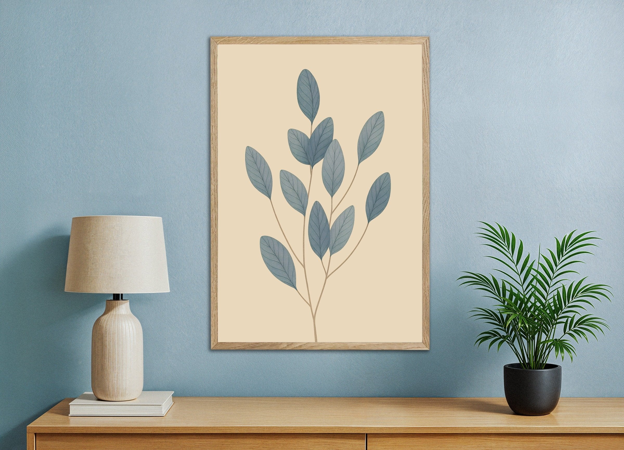 Poster of Blue Leaves Poster – Minimal Botanical Art, with natural wooden frame