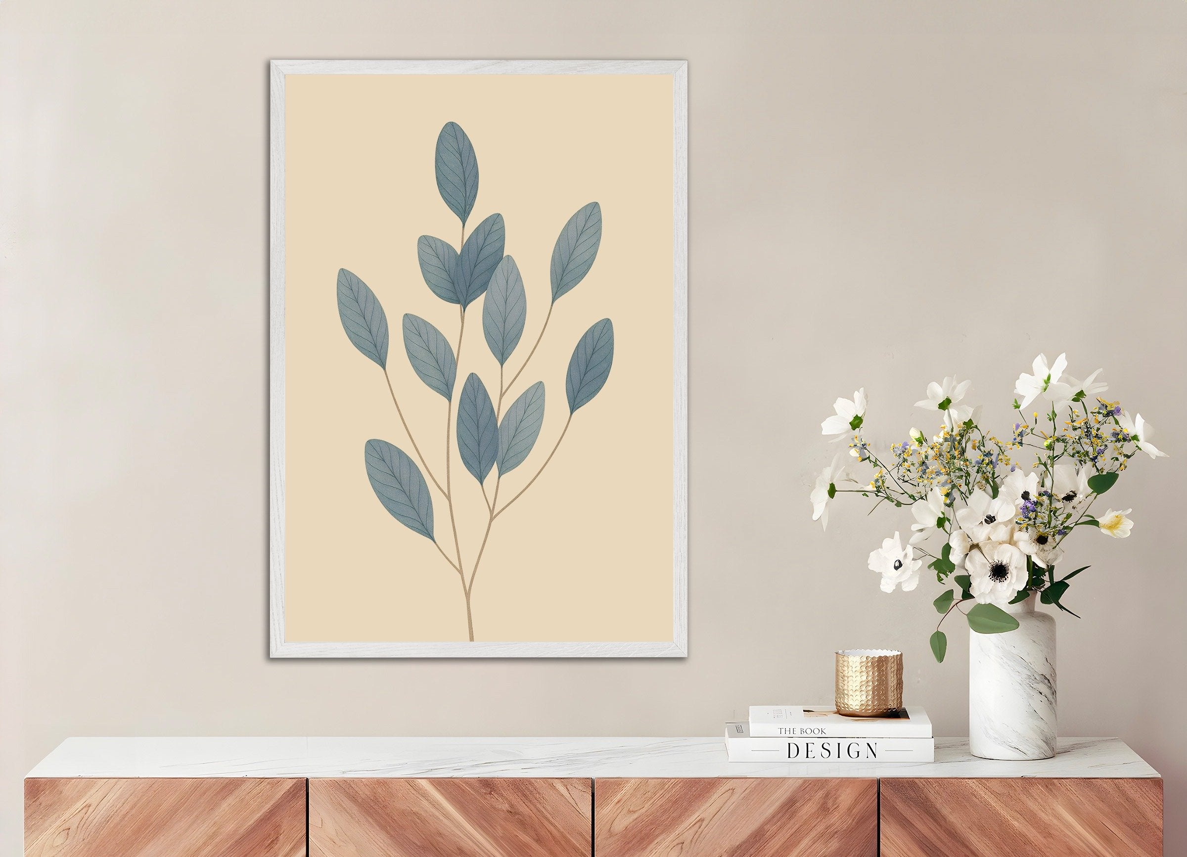 Poster of Blue Leaves Poster – Minimal Botanical Art, with white wooden frame