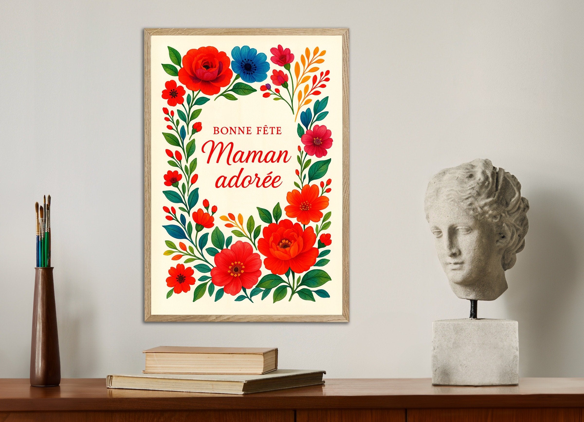 Poster of Bonne fête Maman adorée – French Mother's Day Print, with natural wooden frame