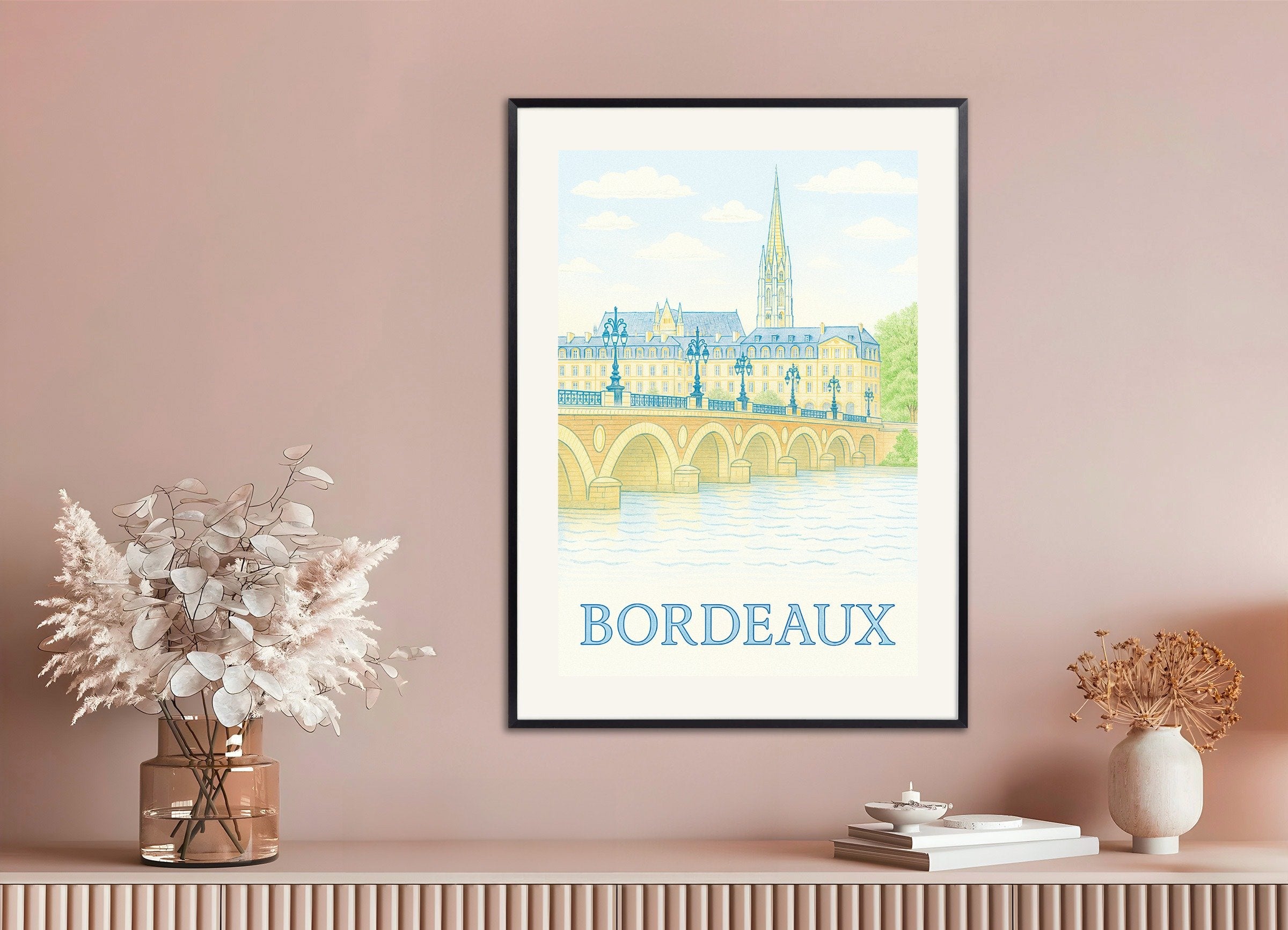 Poster of Bordeaux Poster – Hand-Drawn Cityscape Art Print in Soft Pastels, with metal frame