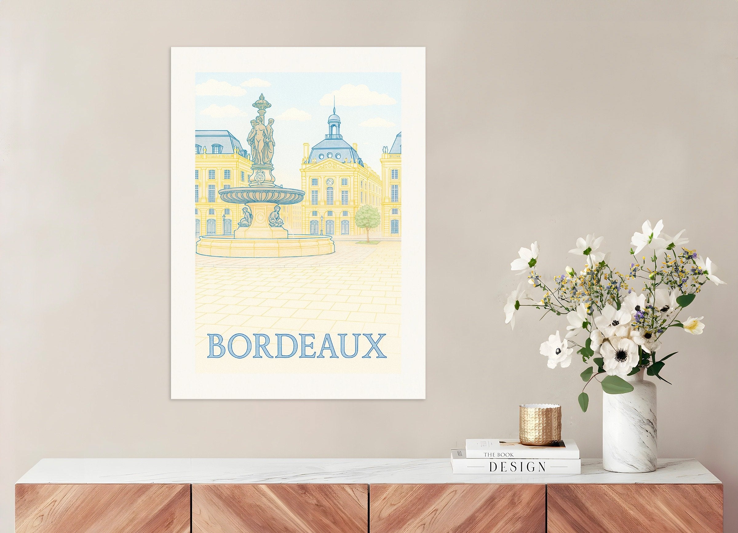 Poster of Bordeaux Poster – Place de la Bourse & Fountain Art Print in Soft Pastels