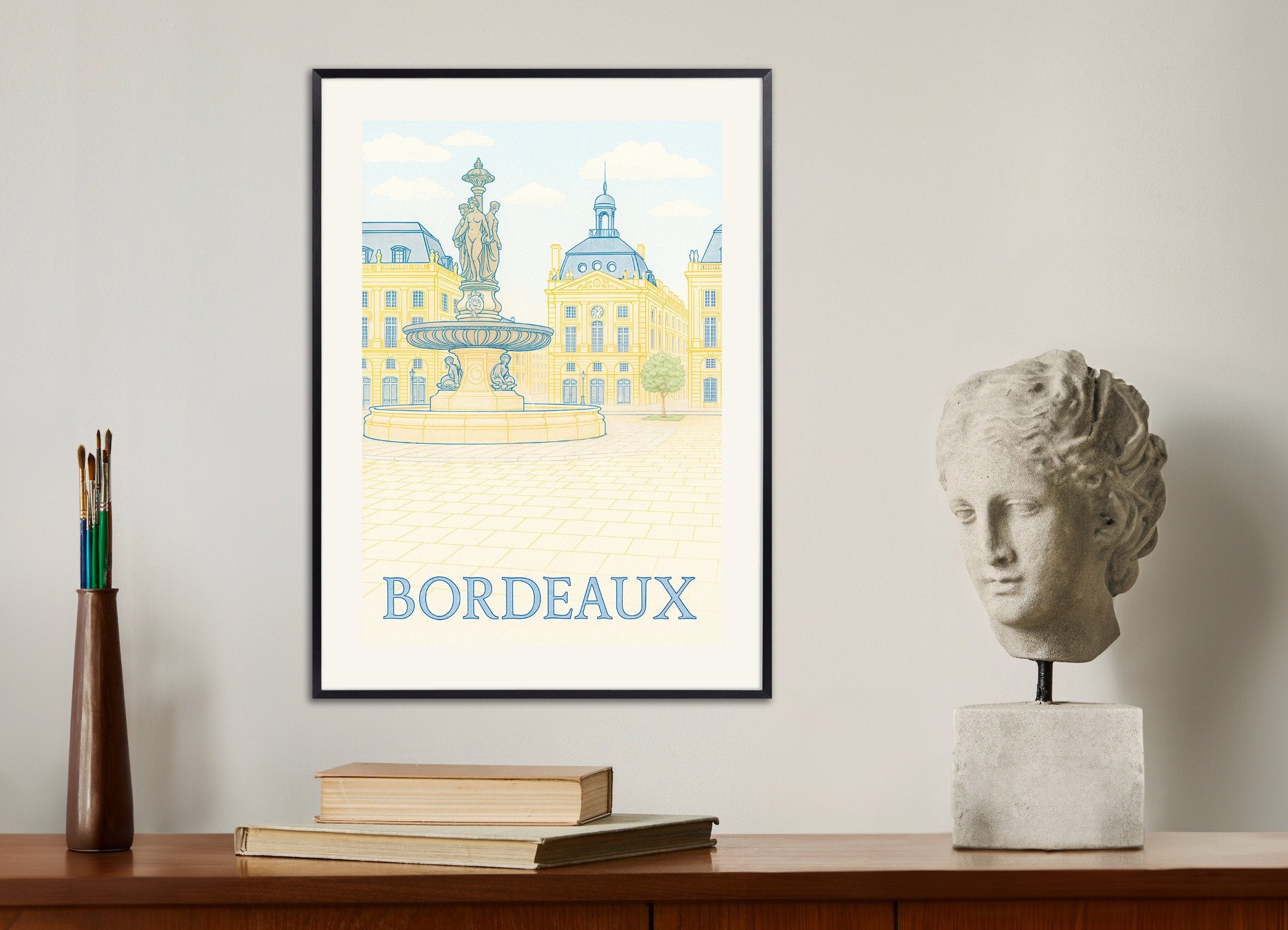 Poster of Bordeaux Poster – Place de la Bourse & Fountain Art Print in Soft Pastels, with metal frame