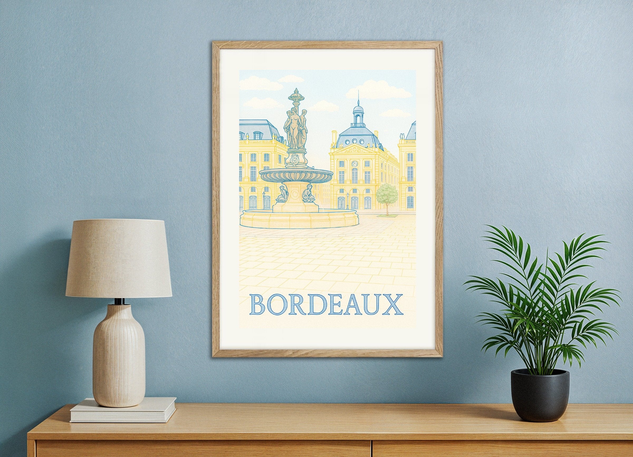 Poster of Bordeaux Poster – Place de la Bourse & Fountain Art Print in Soft Pastels, with natural wooden frame