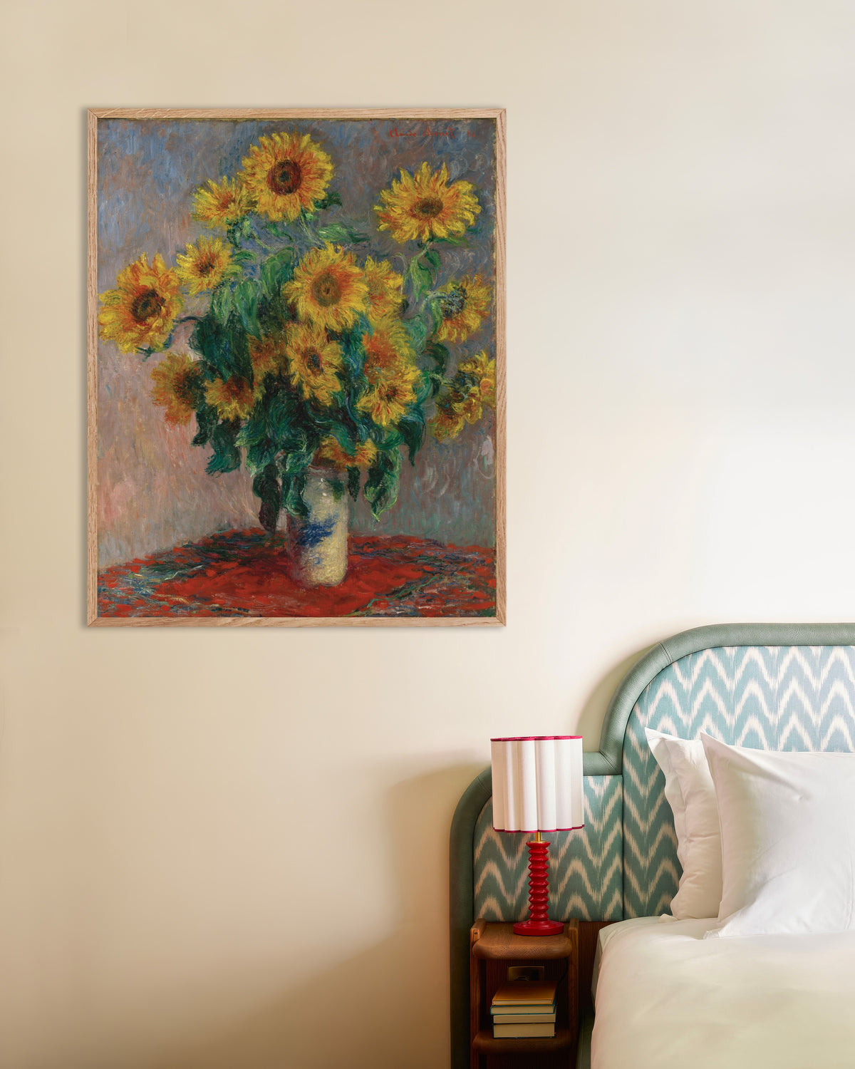 Plakat Bukett med solsikker (1881) av Claude Monet med ramme i naturtre