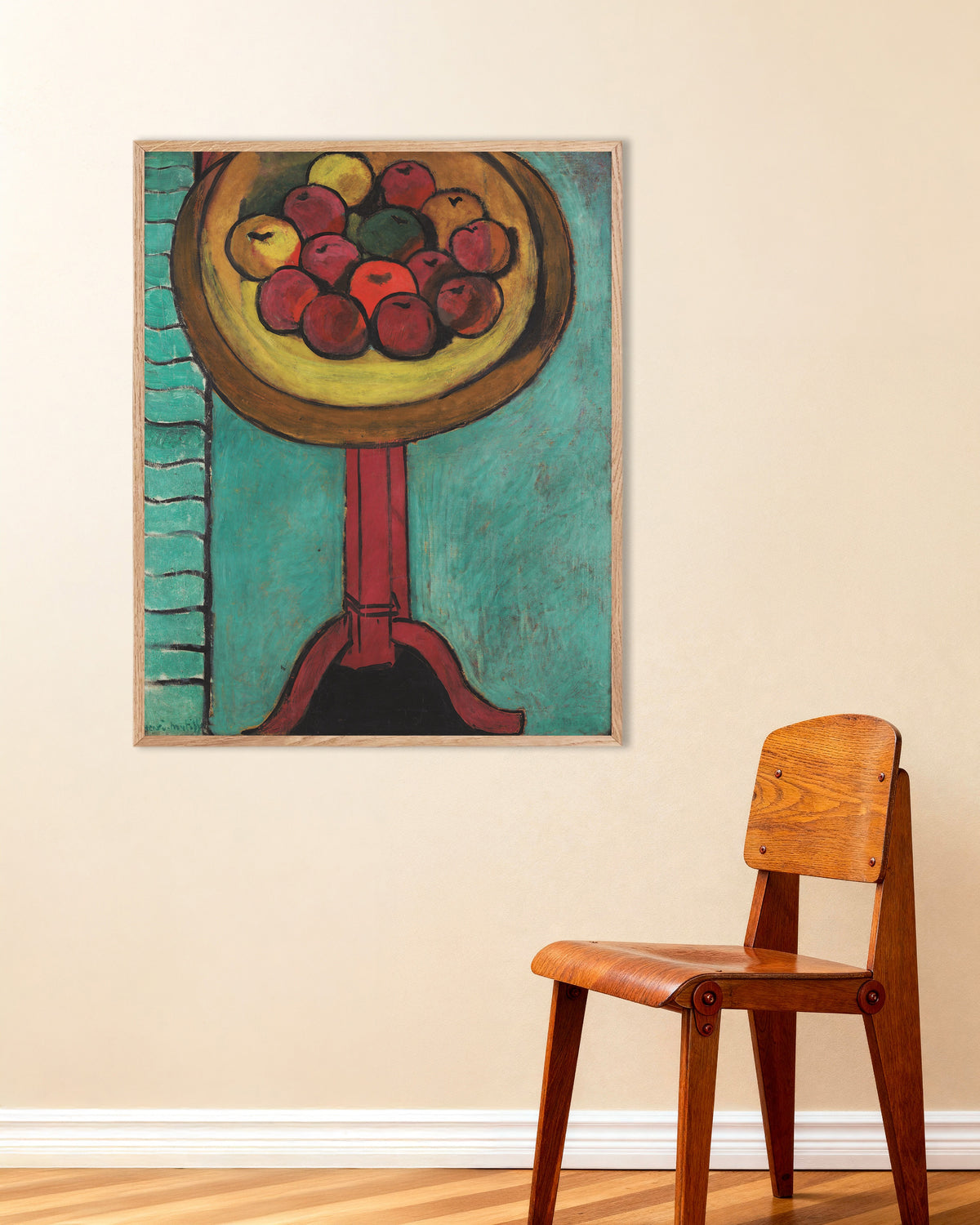 Poster av Eplebolle på et bord (1916) av Henri Matisse, med ramme i naturtre