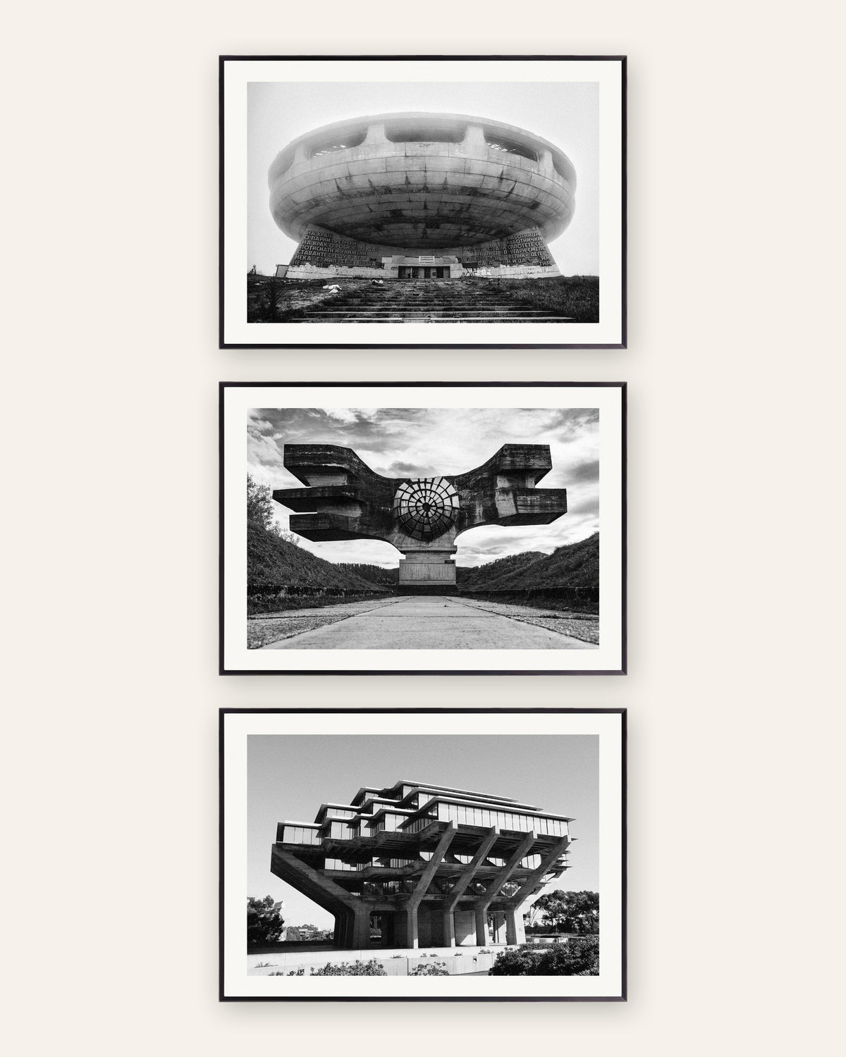 Brutalist Posters Set of 3 – Concrete Landmarks, prints in black metal frames