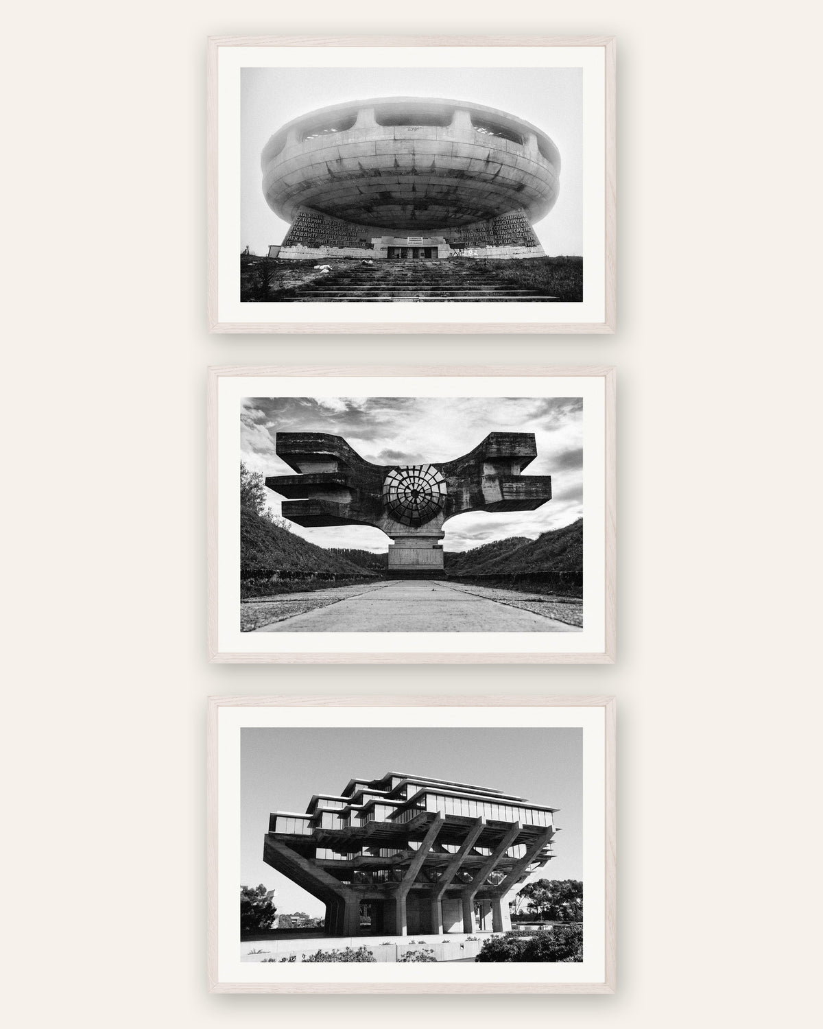 Brutalist Posters Set of 3 – Concrete Landmarks, prints in white oak frames