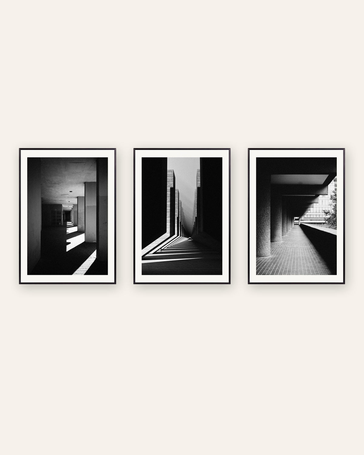 Brutalist Posters Set of 3 – Light and Shadow, prints in black metal frames
