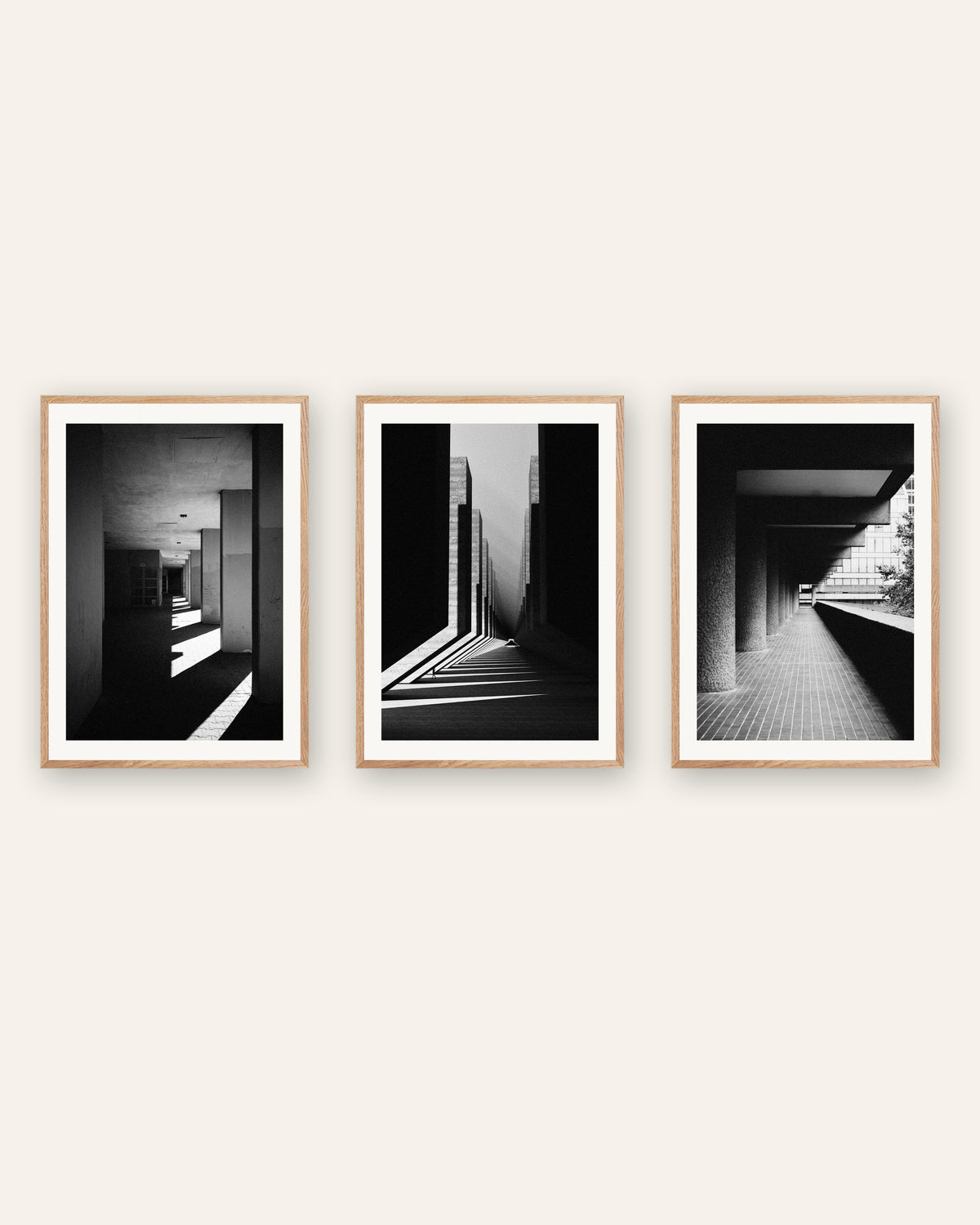 Brutalist Posters Set of 3 – Light and Shadow, prints in natural oak frames