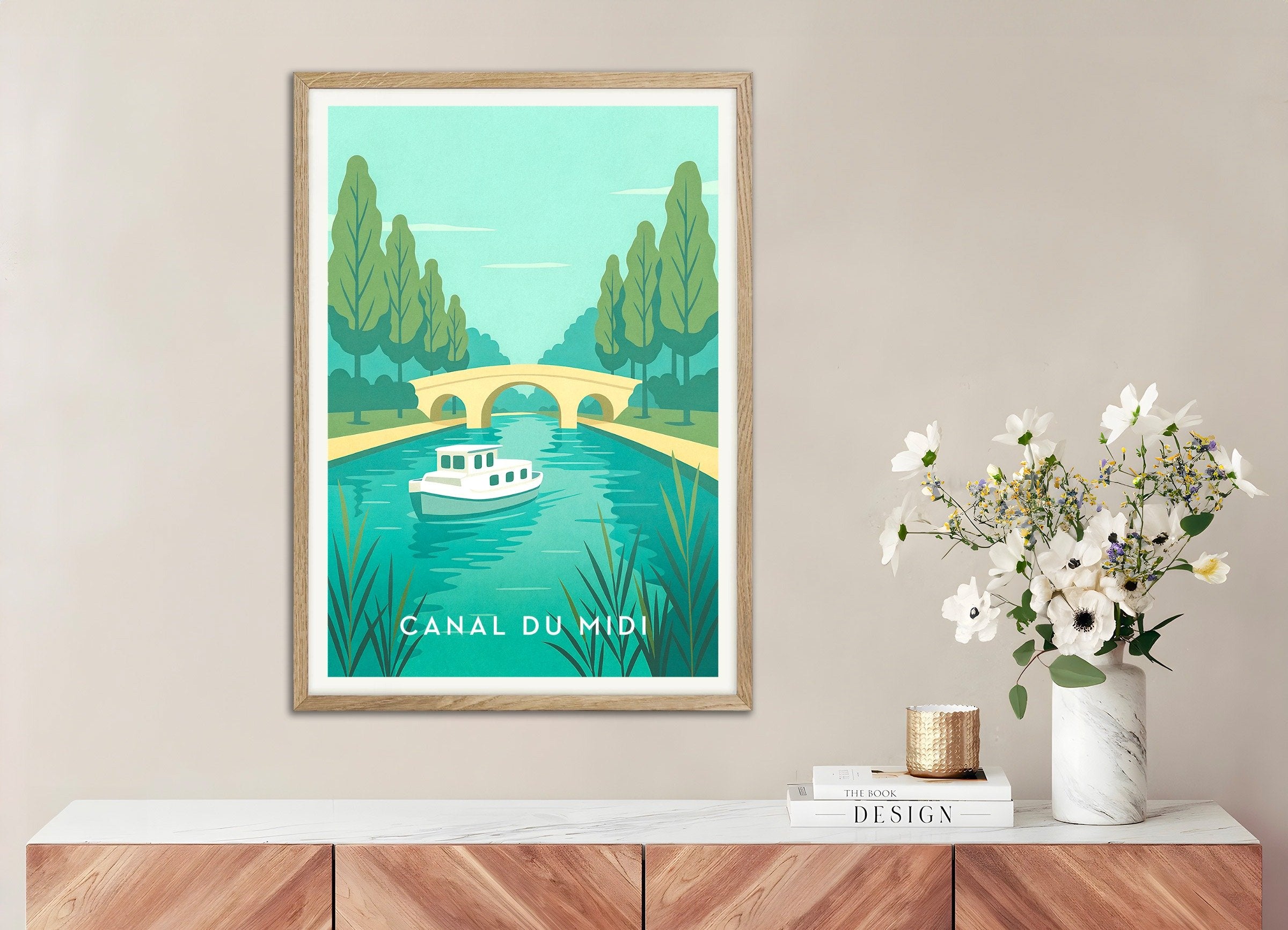 Poster of Canal du Midi Travel Poster - French Waterway, with natural wooden frame