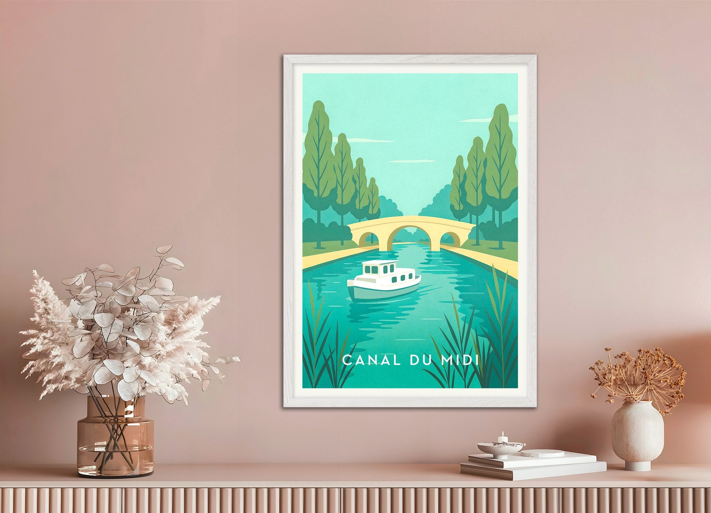 Poster of Canal du Midi Travel Poster - French Waterway, with white wooden frame