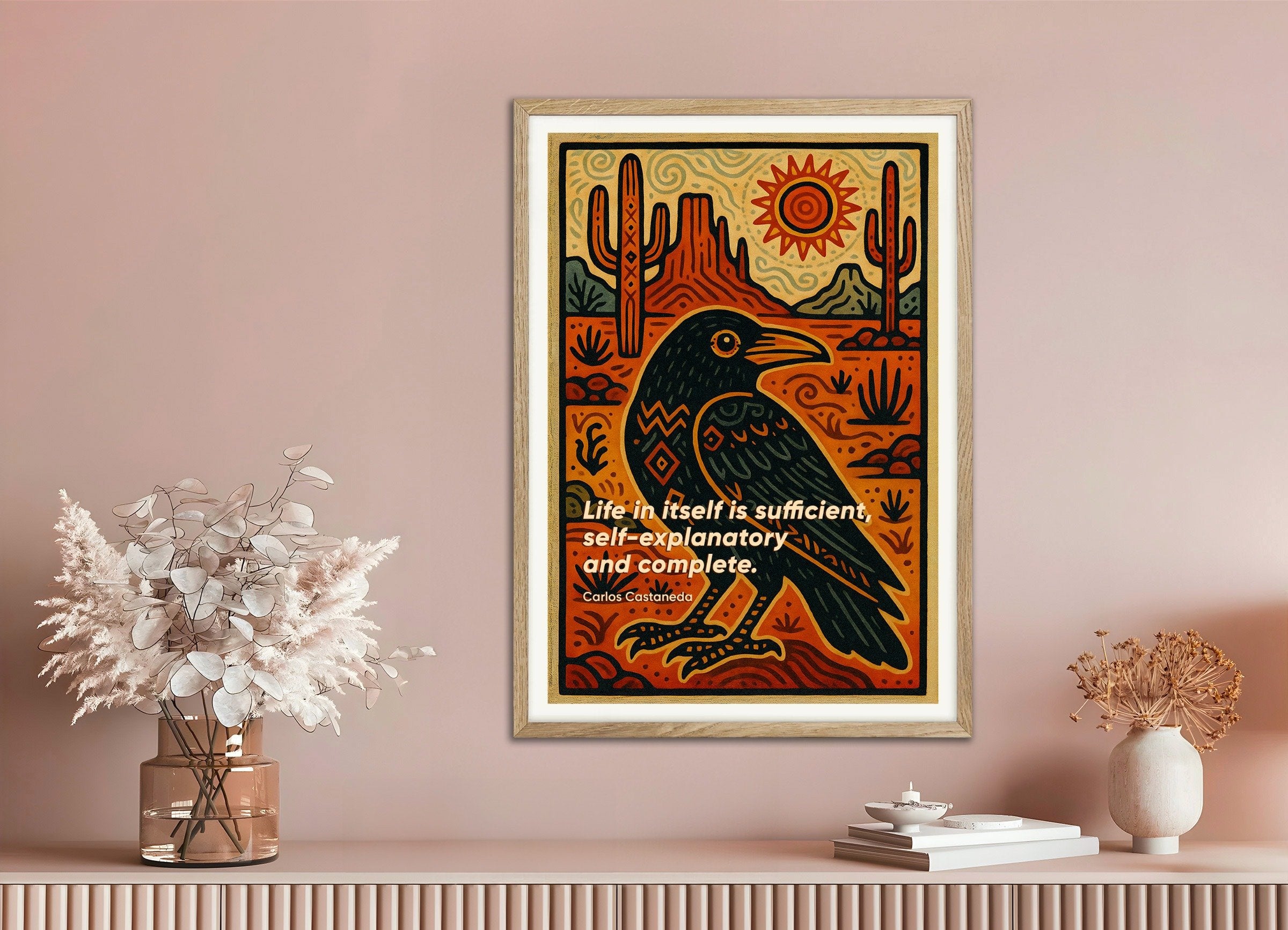 Poster of Carlos Castaneda Quote Art Print - Journey to Ixtlan: The Lessons of Don Juan, with natural wooden frame