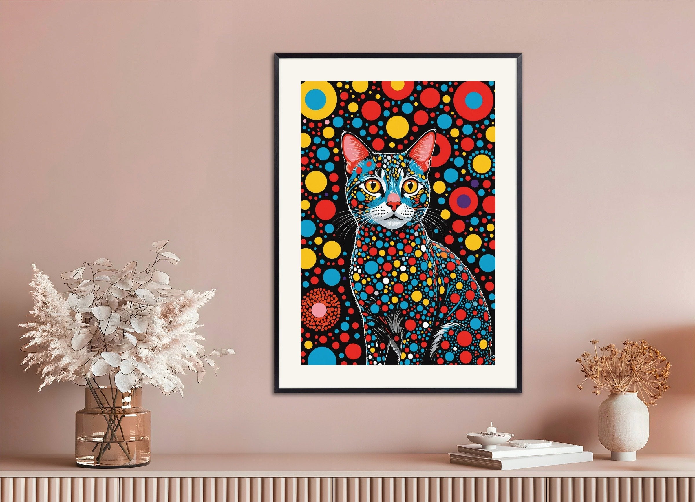 Poster of Cat and colorful dots, with metal frame