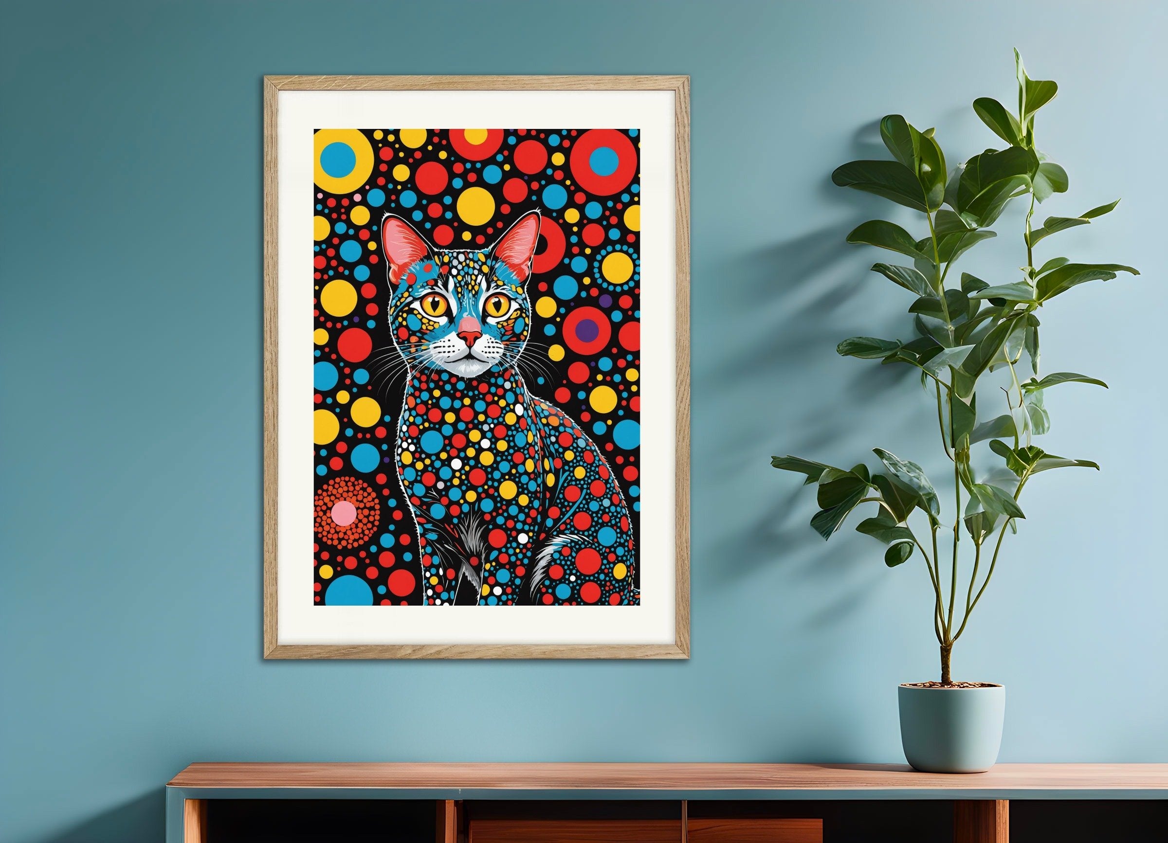 Poster of Cat and colorful dots, with natural wooden frame