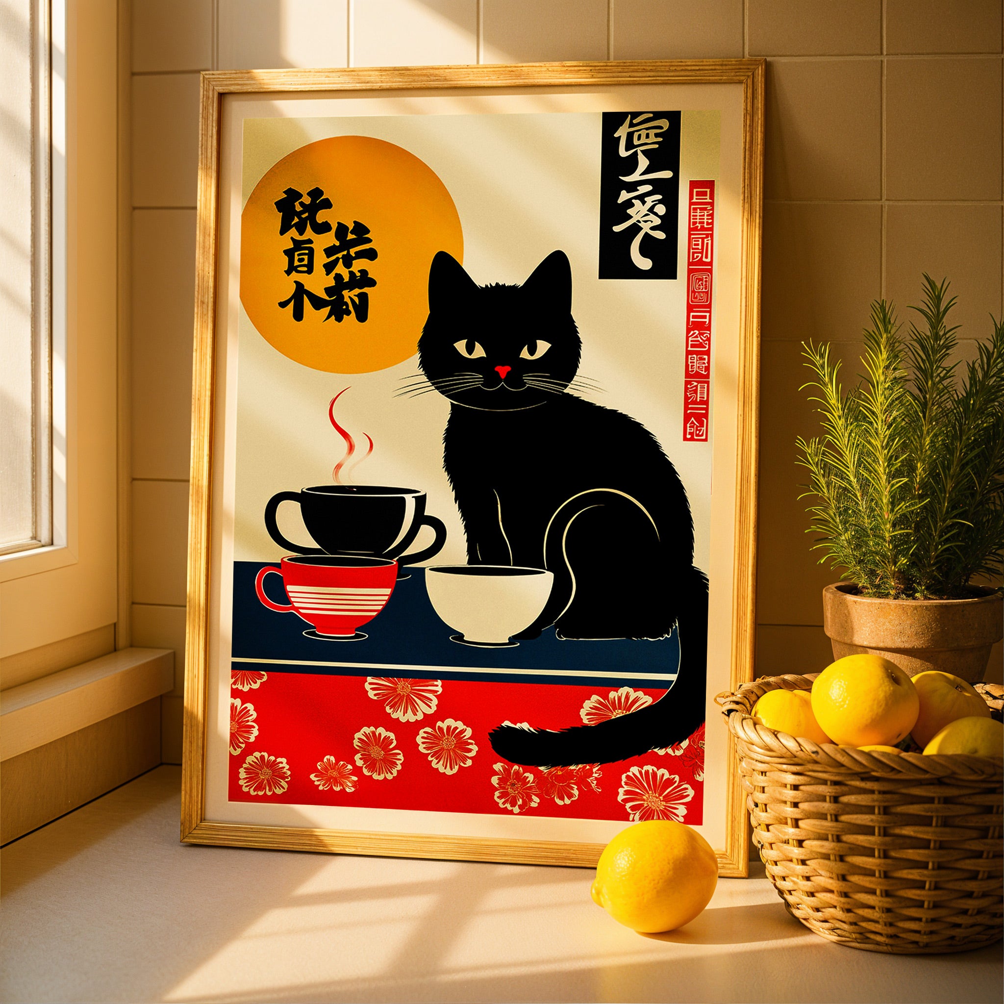 Japanese poster, cat with coffee cups