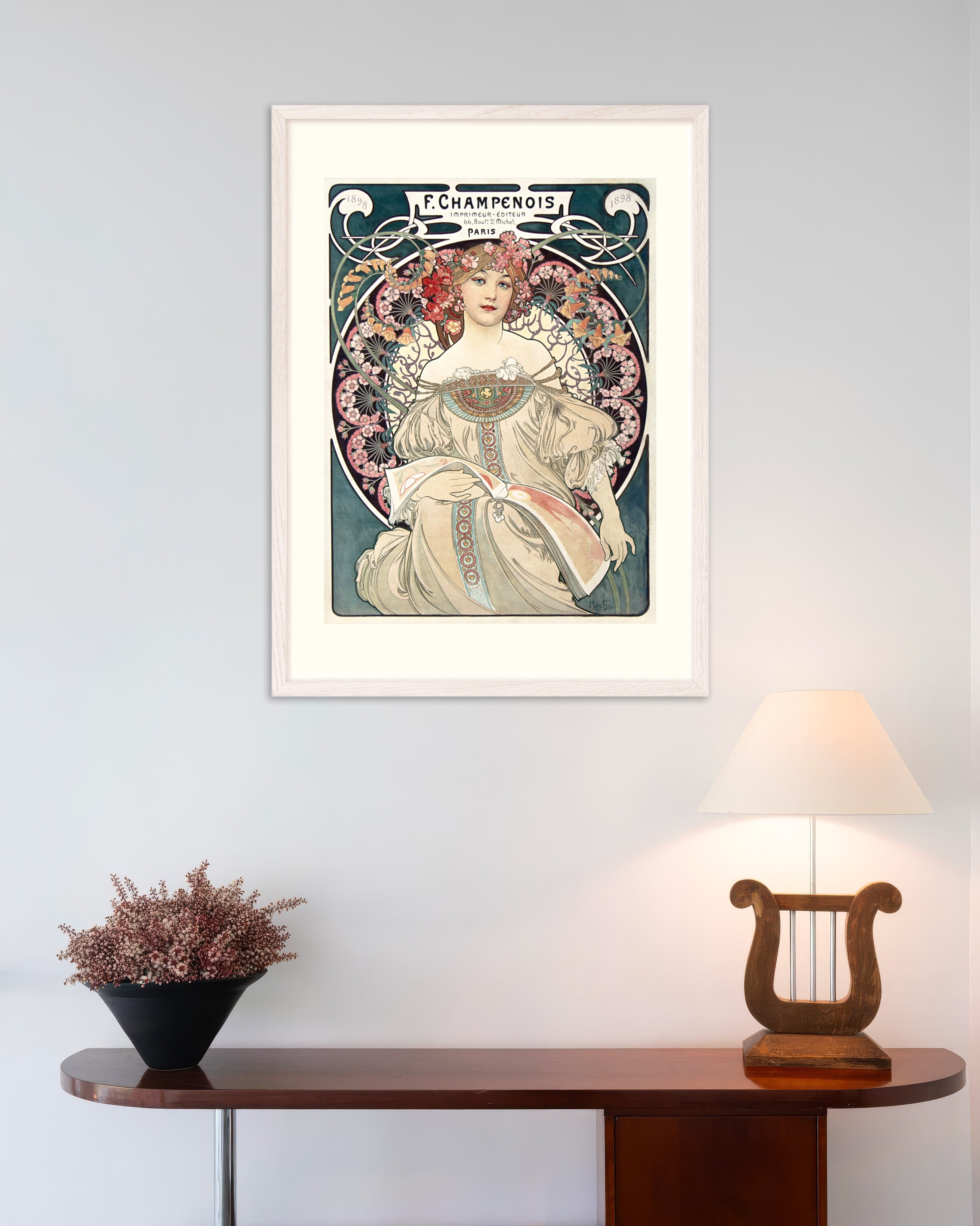 Poster of Champenois Printer-Publisher, by Alfons Mucha, with white wooden frame