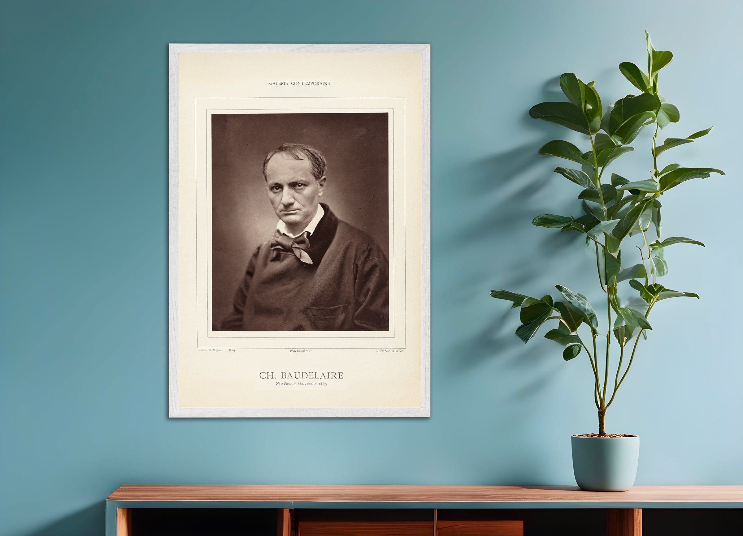 Poster of Charles Baudelaire, portrait by Étienne Carjat, with white wooden frame
